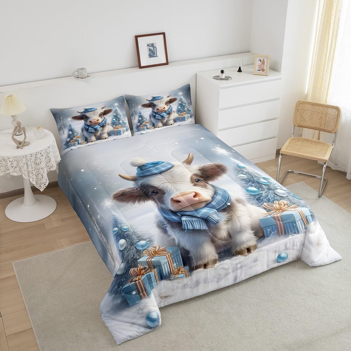 Feelyou Highland Cow Comforter Set Queen Size for Kids Boys Girls Merry Christmas Comforter Xmas Cute Animals Blue Bedding Set Room Decorations Duvet Set Quilt Set 3Pcs