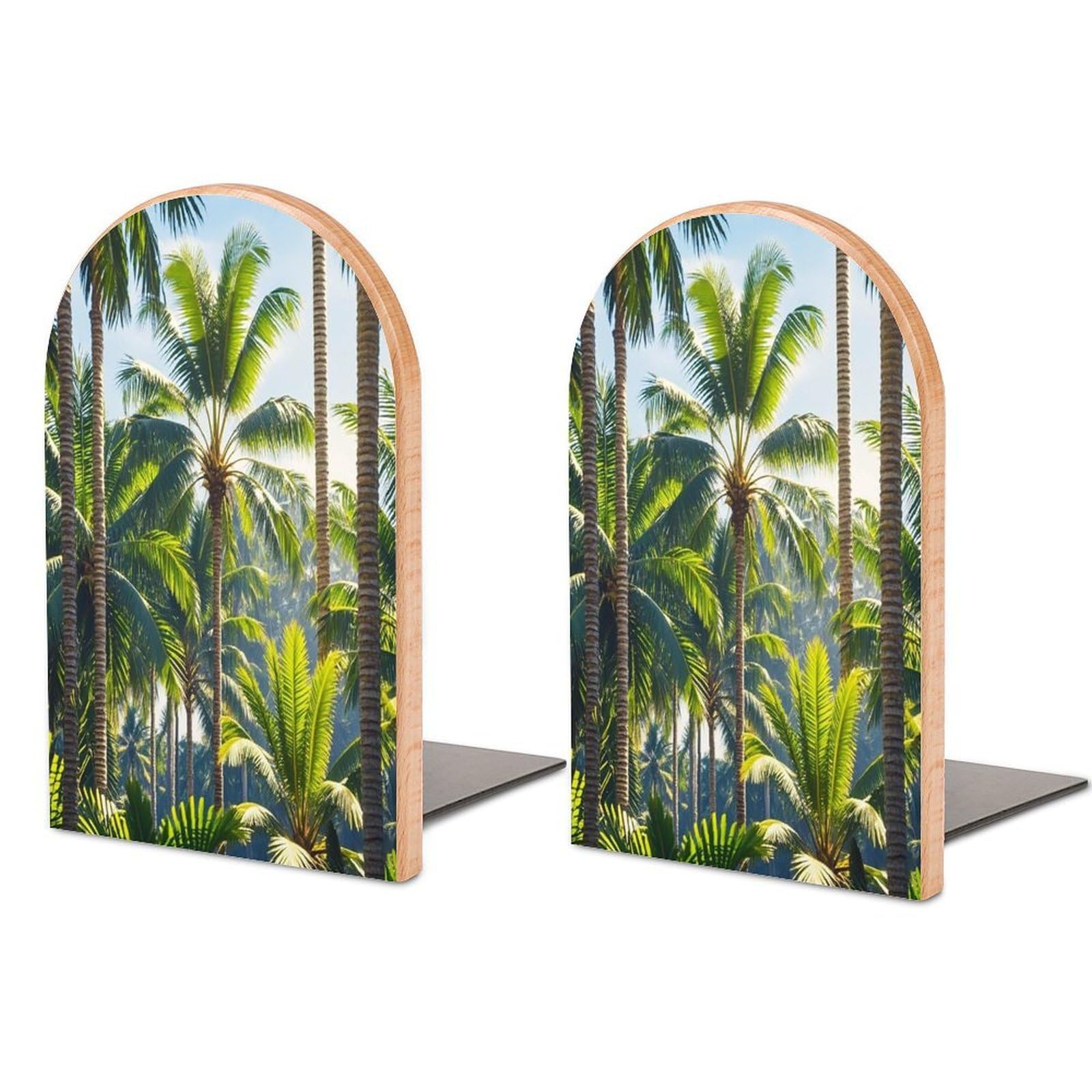 Palm Trees Book Ends Wood Non-Skid Bookend for Shelves Heavy Duty Bookends with Metal Base Decorative Books Stopper Desk Organizers Book Dividers for Office Home 1 Pair