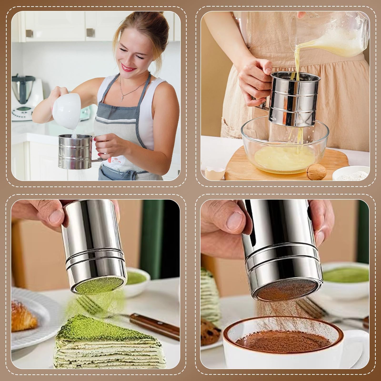 Set di 5 Setaccio Farina in Acciaio Inox Spargi Zucchero a Velo a Una Mano Colino Cucina con Coperchio Setaccio per Farina con 16 Coffee Stencils per Cacao, Spezie, Cioccolato, Zucchero