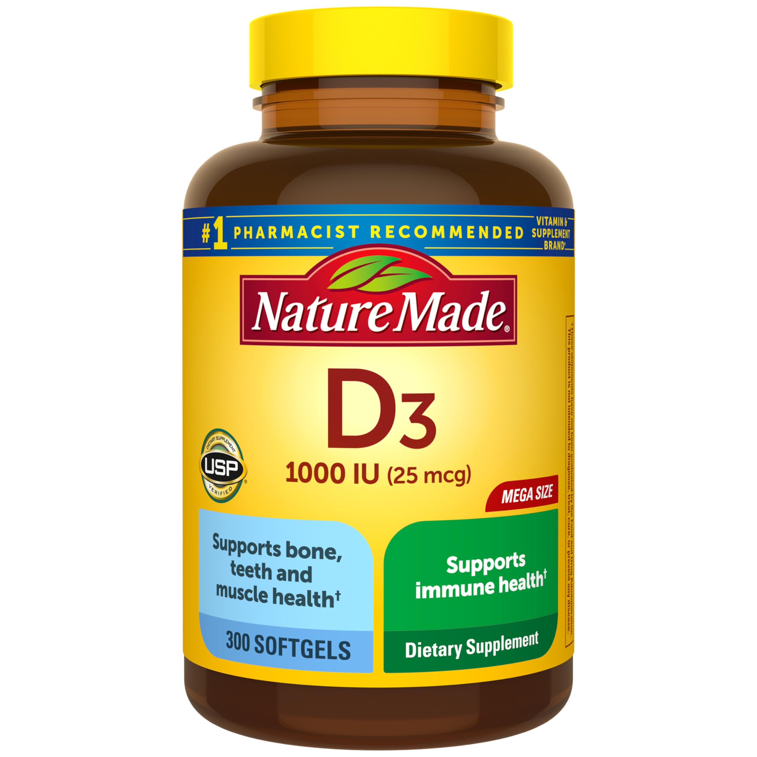 Nature Made Vitamin D3 1000 IU (25 mcg), Dietary Supplement for Bone, Teeth, Muscle and Immune Health Support, 300 Softgels, 300 Day Supply