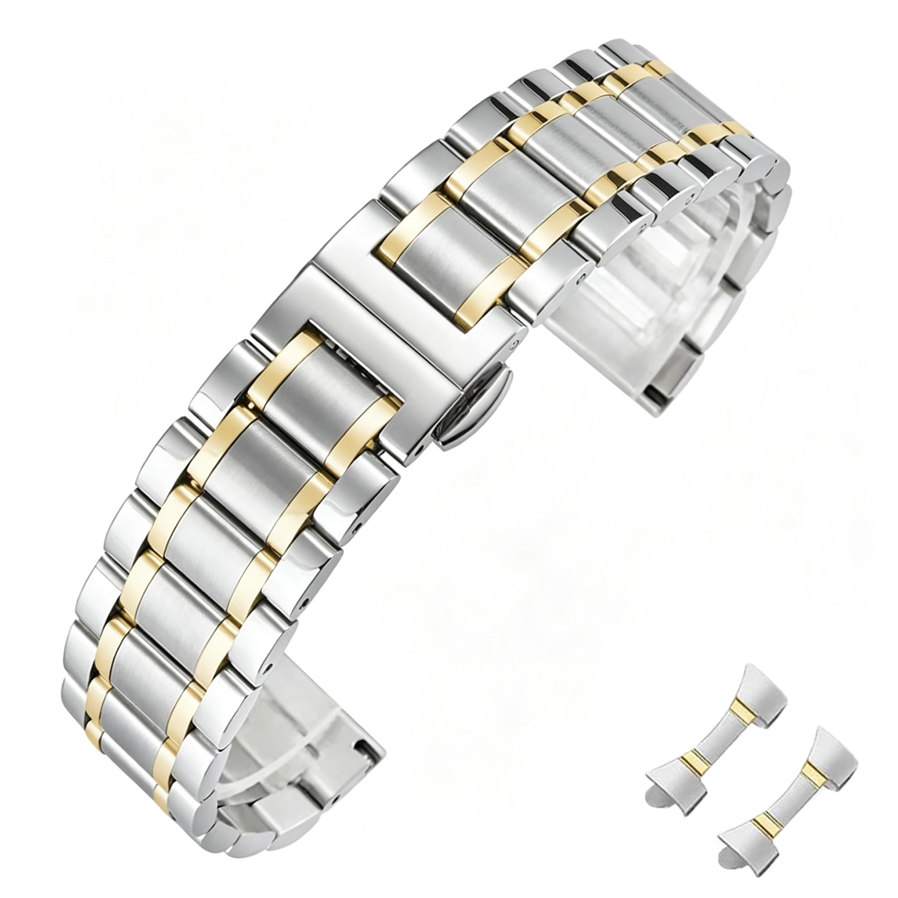 Universal-Edelstahl-Uhrenarmbänder aus Metall, Ersatzbänder für Männer und Frauen, gerades und gebogenes Ende, 6 Größen (14 mm-24 mm), 4 Farben (Gold, Silber, Schwarz, Gold u