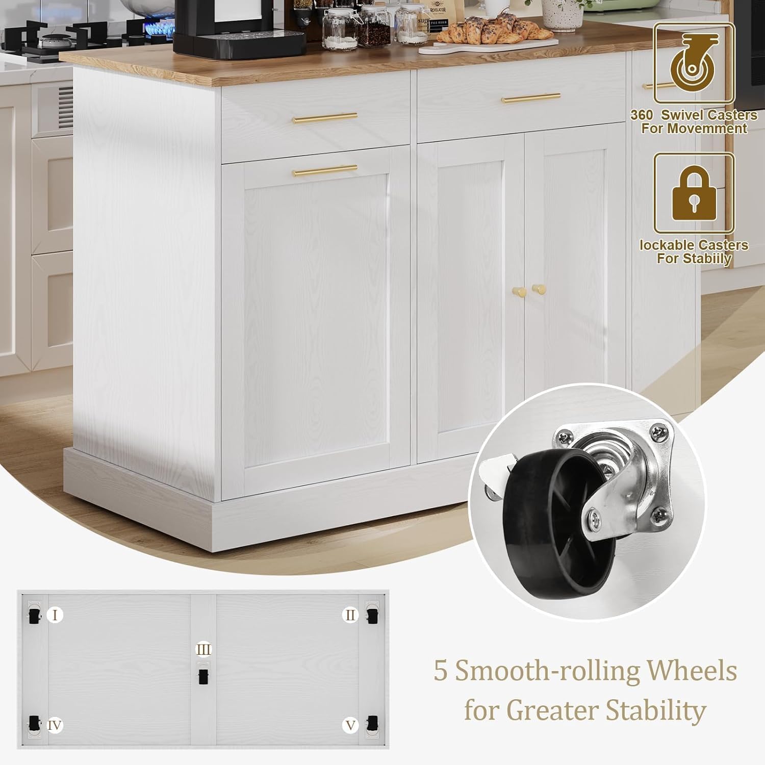 4 EVER WINNER 53" Rolling Kitchen Island with Trash Can Storage, Solid Wood Countertop, 3-Tier Sliding Spice Rack, Drawer & Towel Rack, Mobile Island Table with Storage, White