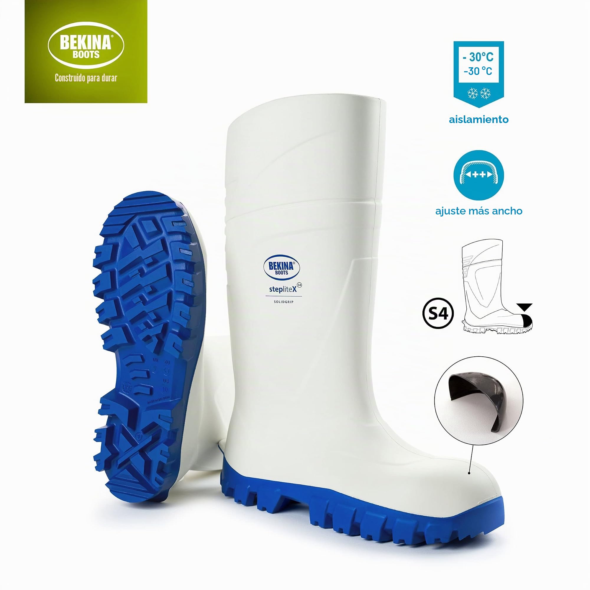 Botas de Goma de Seguridad de Calidad con Puntera de Acero desarrolladas para la Industria alimentaria, de fácil Limpieza y desinfección, Incl. Plantilla para pies Secos, Blanco, EU 36