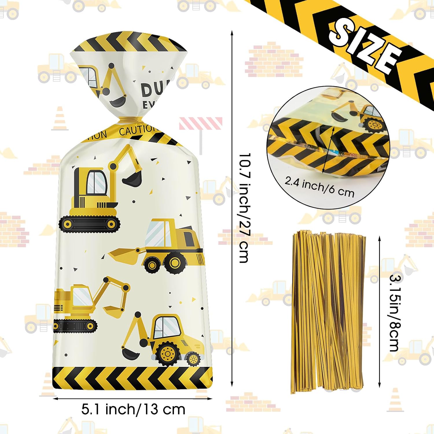 50 Pack Construction Party Favor Bags - Construction Theme Treat Bags, Truck Themed Cello Cellophane Gift Candy Goodie Bag with Gold Twist Ties for Kids Construction Birthday Party Supplies Favors