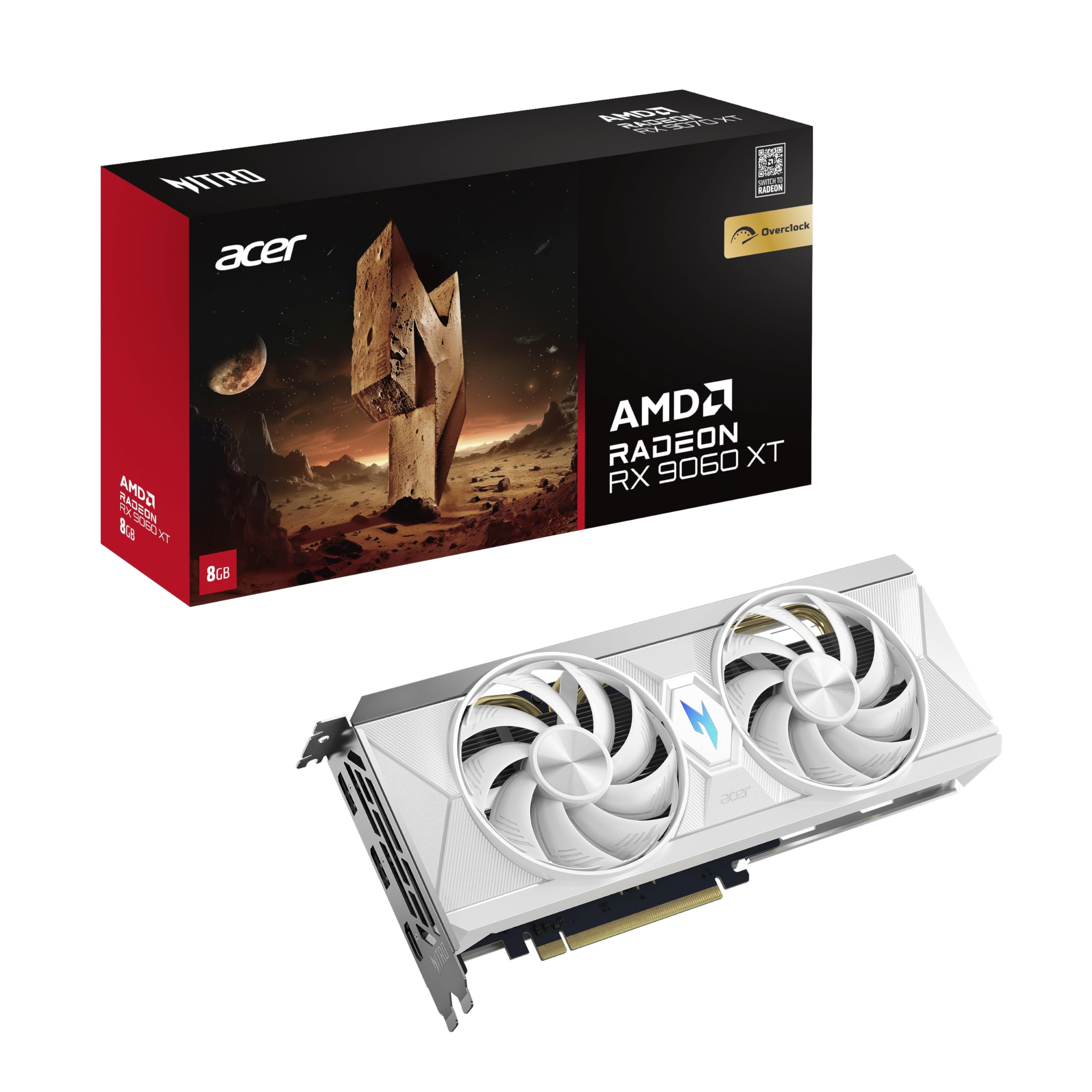 Acer Nitro Radeon RX 9060 XT OC - AMD Grafikkarte (8 GDDR6, 128 Bit, PCIe 5.0 x16, 1x HDMI 2.1a 2X DP 2.1b) 2X Nitro FrostBlade, 1x8 pin, Slot Space: 2