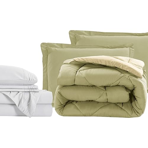 Elegant Comfort 7-Piece King Size Bed-in-a-Bag - Luxury 1500 Thread Count Comforter & Sheet Set, Super Cozy, Wrinkle and Stain Resistant, Sage/Cream