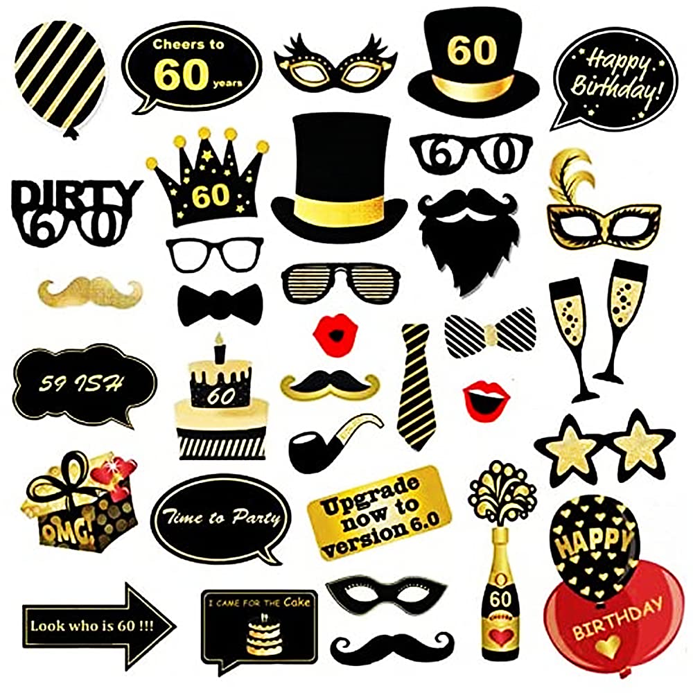 Cabina de Fotos Accesorios Photo Booth Selfie Accesorios para fotomatón de 60 cumpleaños, 35 Piezas, Kit de Bricolaje Adecuado para él o Ella, celebración de 60 cumpleaños, propulsión de fotomatón