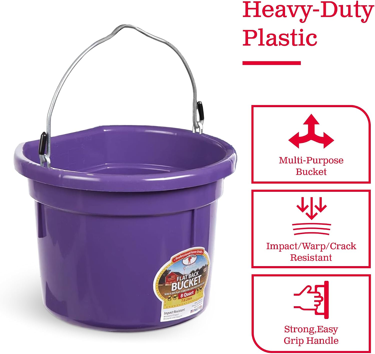 Little Giant P8FBPURPLE 2 Gallon All Purpose Heavy Duty Farm Flat Back Plastic Buckets for Supplies, Toys, Laundry, and Water, Purple, (4 Pack)