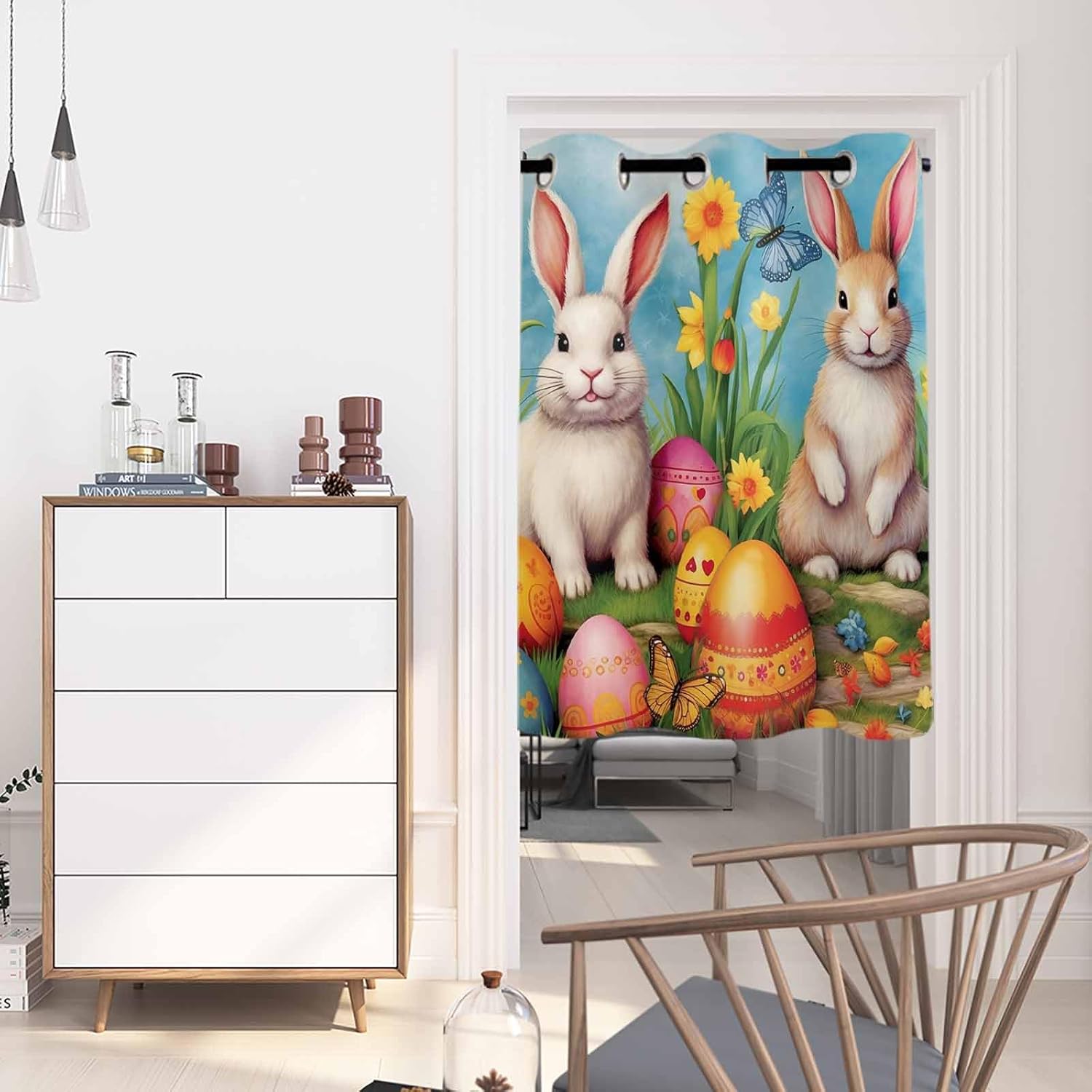 Blackout Curtain 24 inch Length for Living Room Bedroom, Watercolor Easter Eggs with Rabbit and Floral Room Darkening Window Drapes Grommet Thermal Insulated Curtain Panel for Home Sliding Door Decor