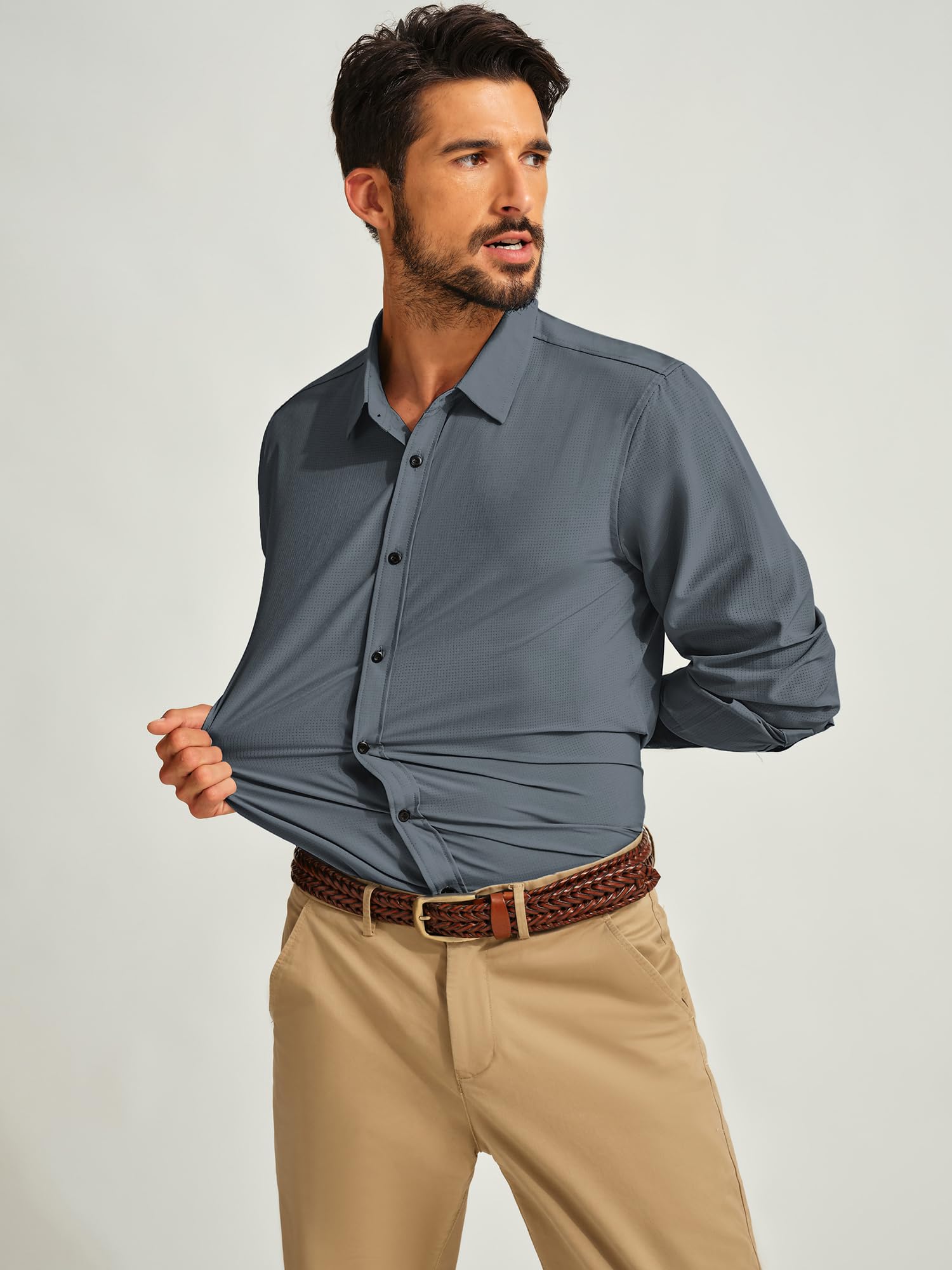 PJ PAUL JONES Camisas de manga larga con botones para hombre, sin arrugas, elásticas, sin pliegues, camisas de vestir informales de negocios