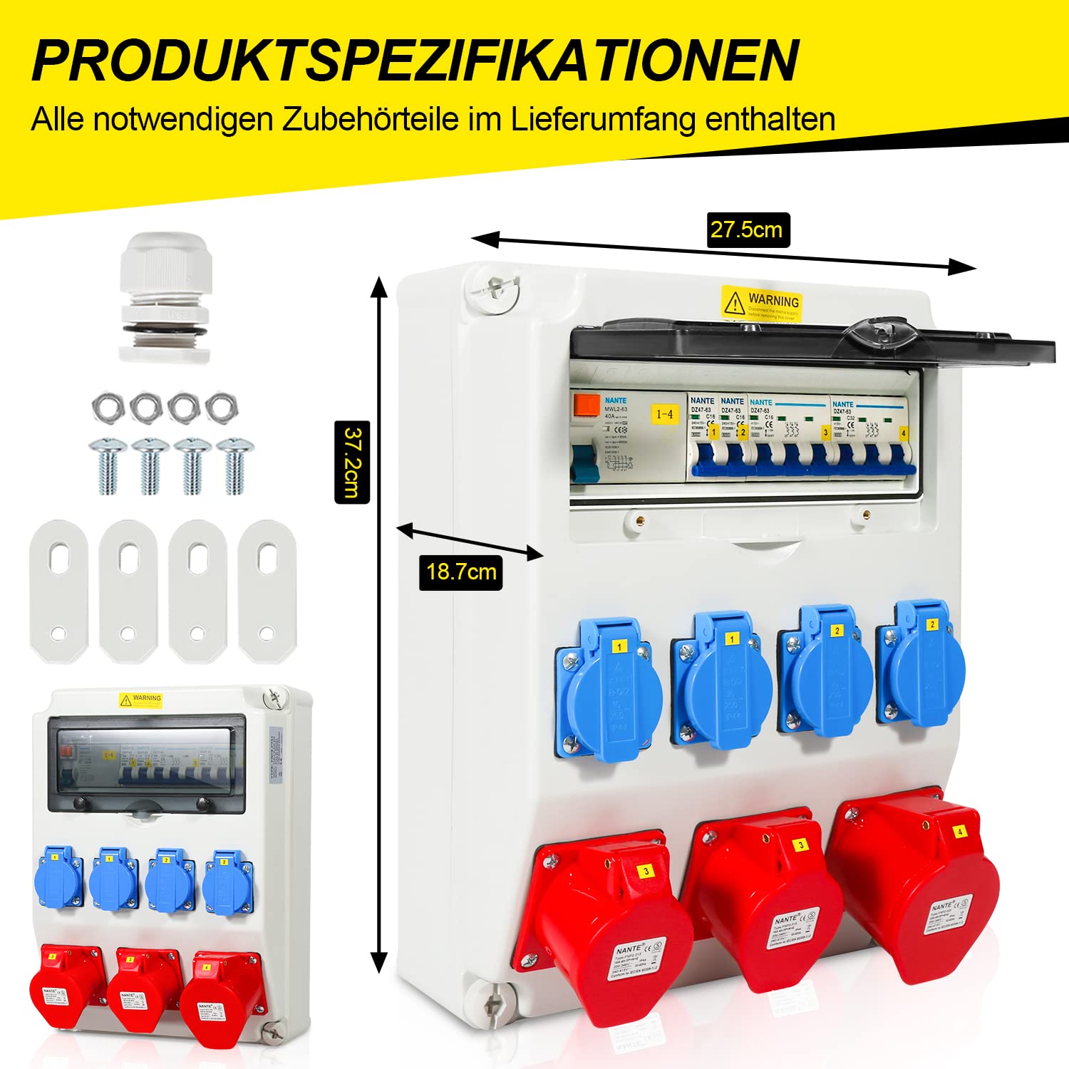 Rozdzielacz ścienny 1 x 32 A 2 x 16 A 4 x 230 V z LS+FI, rozdzielacz prądu z wyłącznikiem nadprądowym, rozdzielacz prądu budowlanego z gniazdem Schuko, 5-biegunowa skrzynka budowlana do