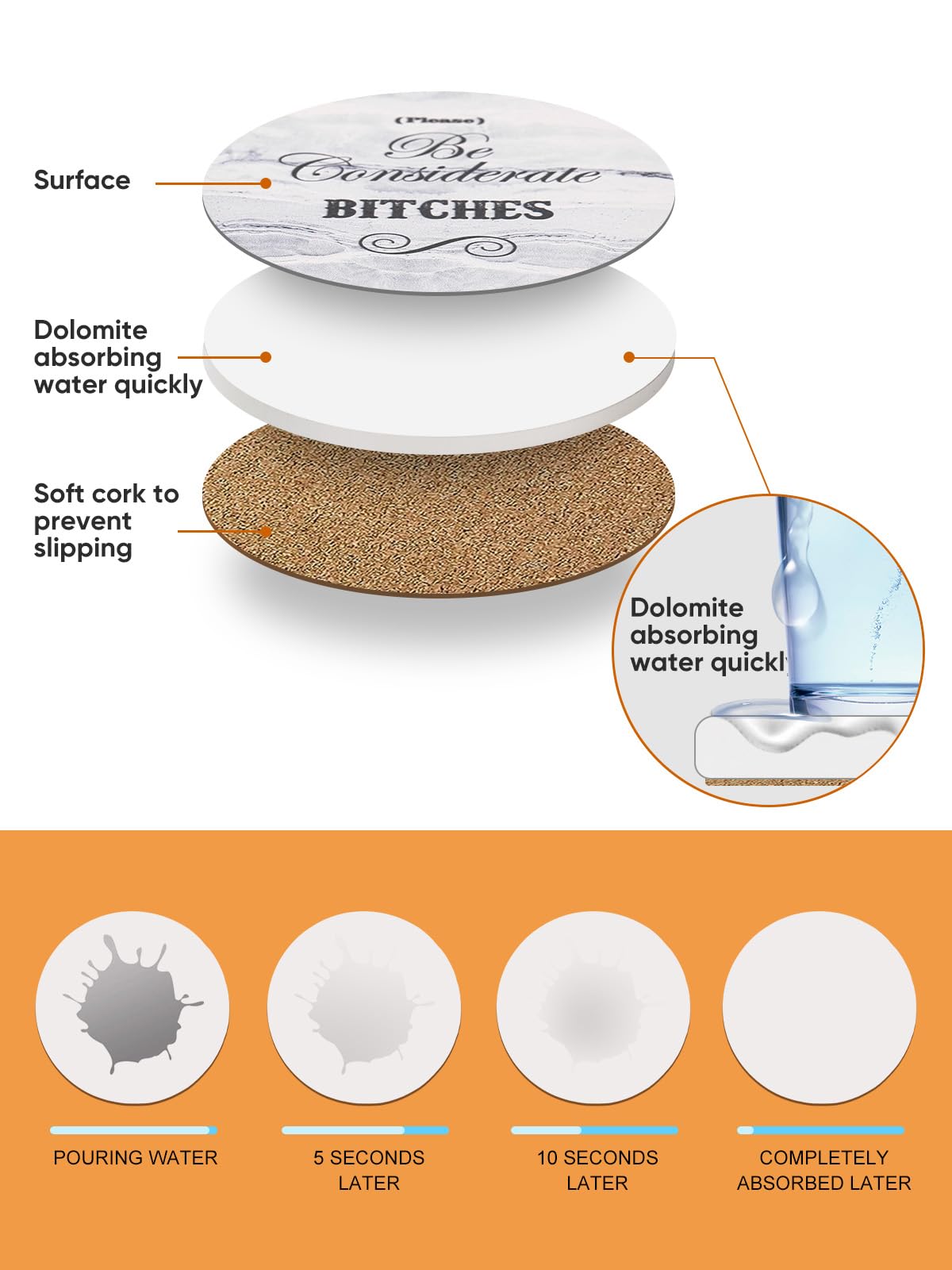 LIFVER Posavasos divertidos para bebidas absorbentes con soporte, juego de 8 posavasos con base de corcho, cerámica de mármol blanco estilo posavasos con 4 refranes para mesa de madera