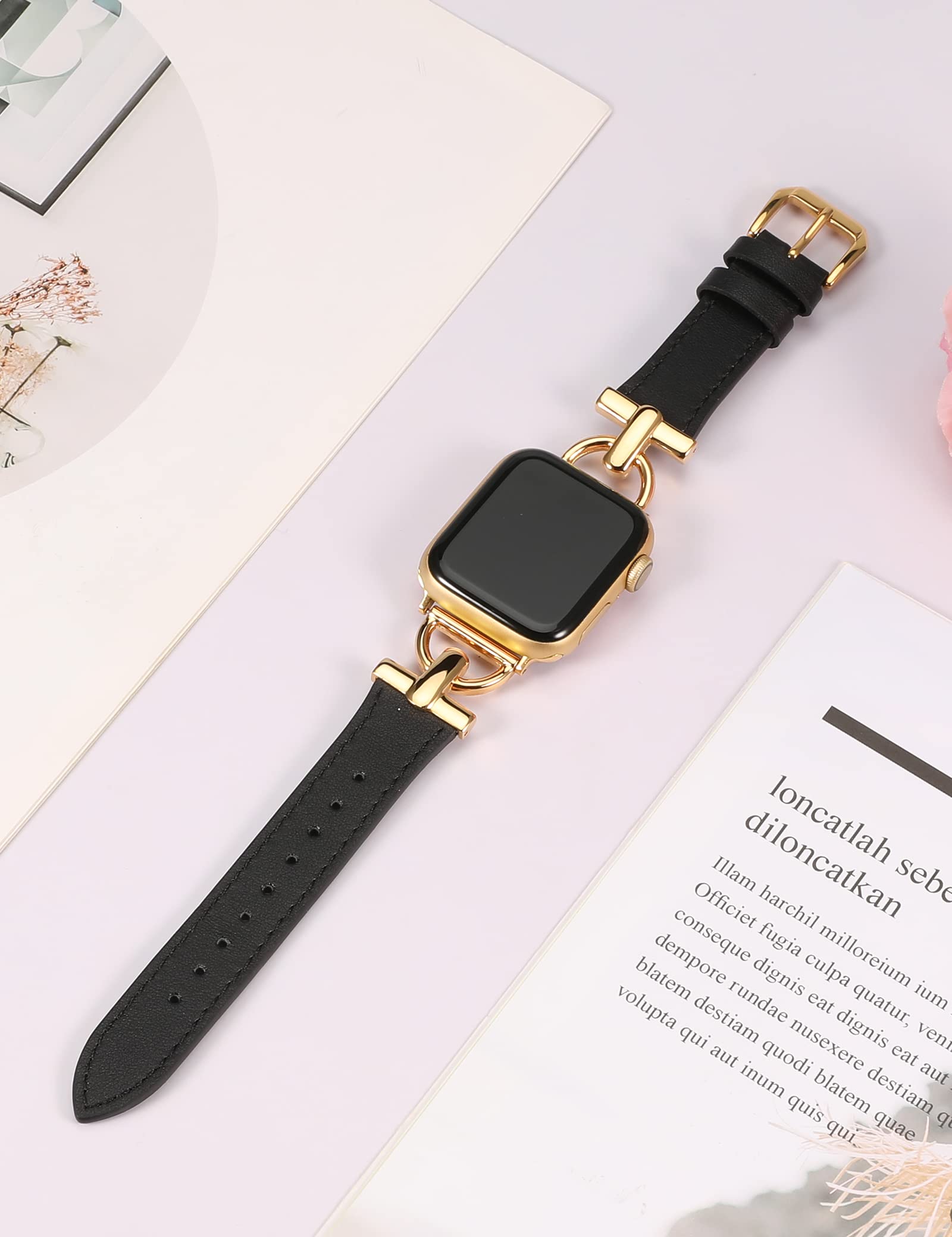 Wearlizer Leather Band Compatible with Apple Watch Bands Women 41mm 40mm 38mm 49mm 46mm 45mm 44mm 42mm, Fancy Dressy Strap for iWatch Series 10 9 8 Ultra SE 7 6 5 4 3 2 1,Black/Gold