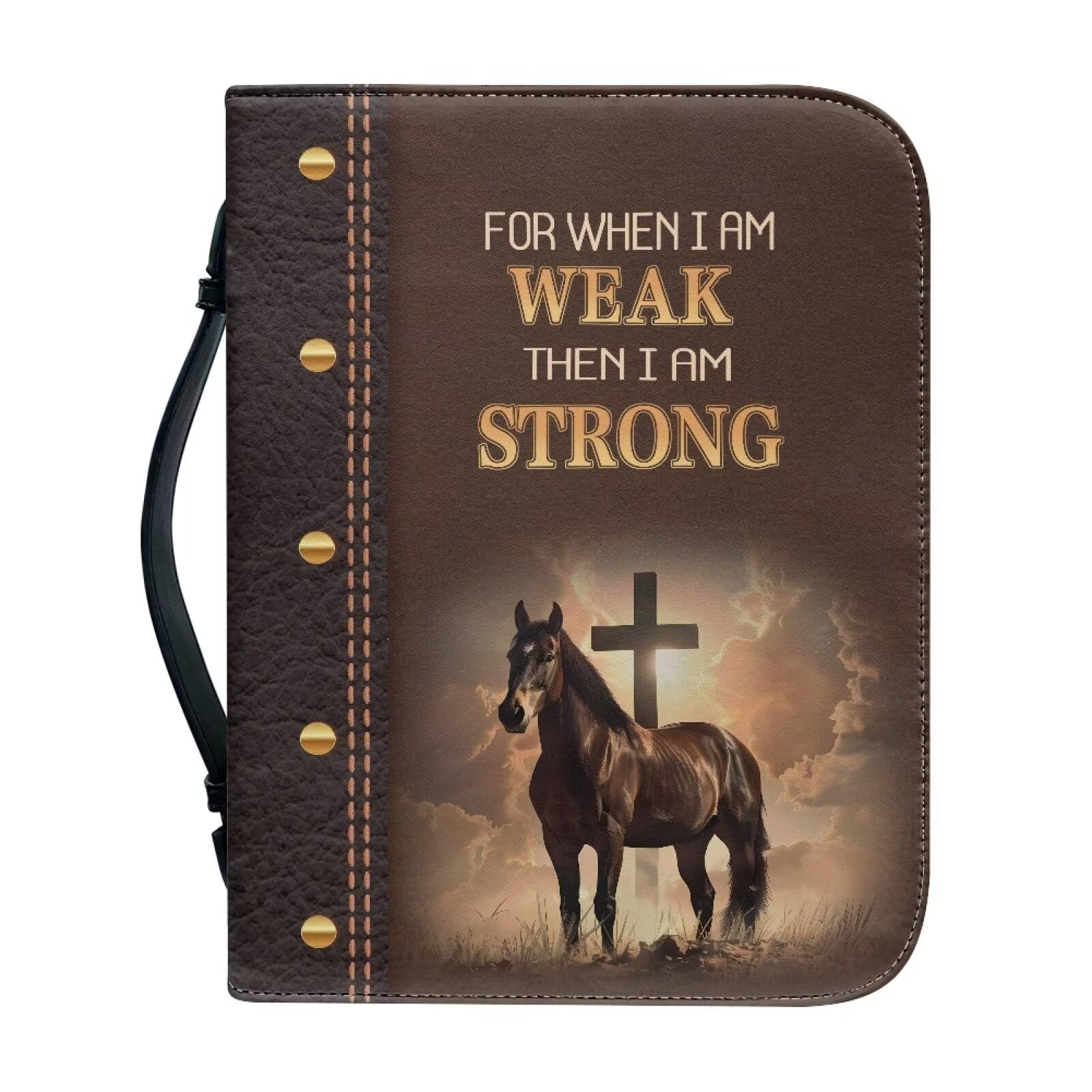 Talayituse Cross Horse Print Bible Covers for Women Men for When I am Weak Then I am Strong PU Leather Christian Bible Case Bible Bag Book Carrying Case Christian Bible Accessories with Handle, 2XL โ image 1