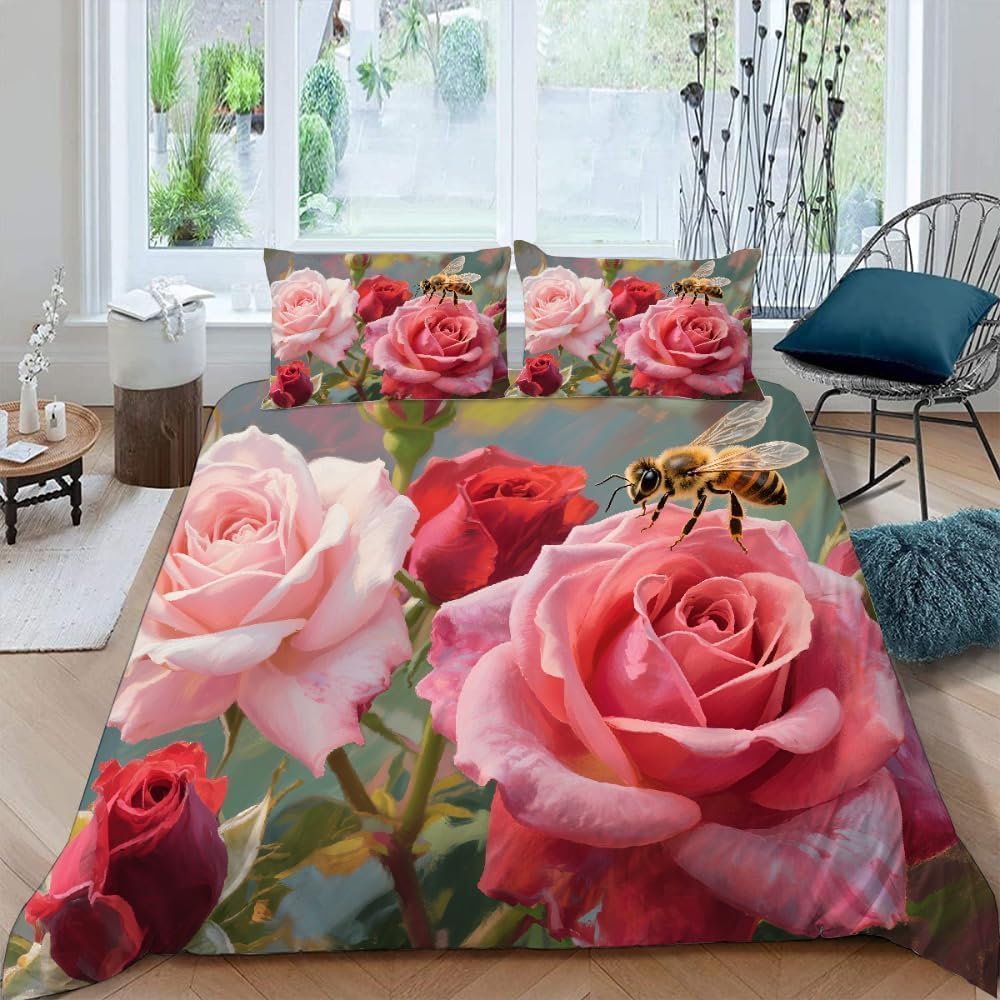 Komplet pościeli z różami, 220 x 240 cm, wiosenne kwiaty, poszewka na kołdrę z zamkiem błyskawicznym i 2 poszewki na poduszkę 80 x 80 cm, miękka pościel z mikrofibry, 3-częściowy zestaw pościeli na