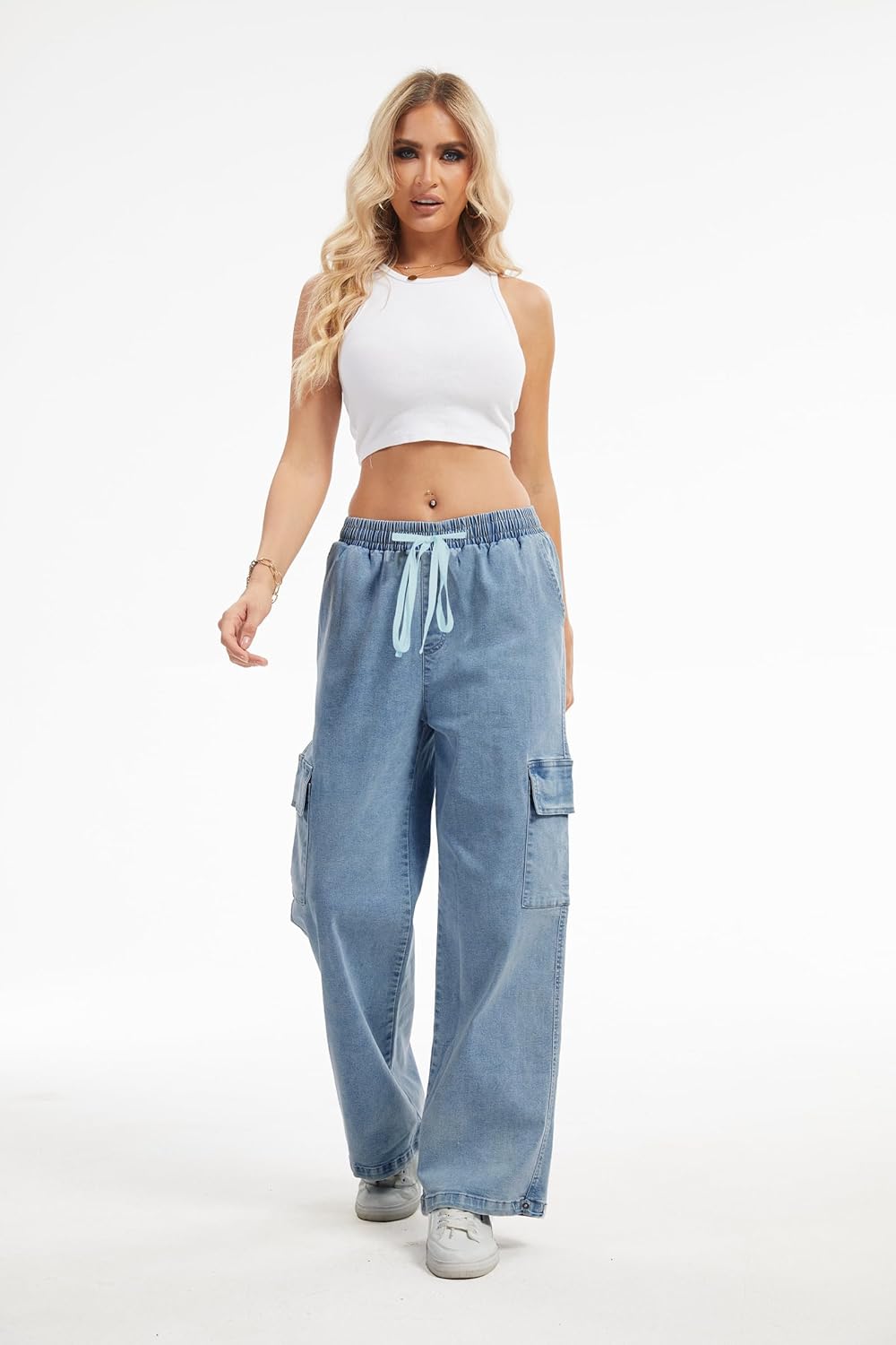 SESERAGI Straight Wide Leg Cargo Jeans Baggy Stretchy Elastic Waist Drawstring Casual Trousers Denim Pants Streetwear - Image 2
