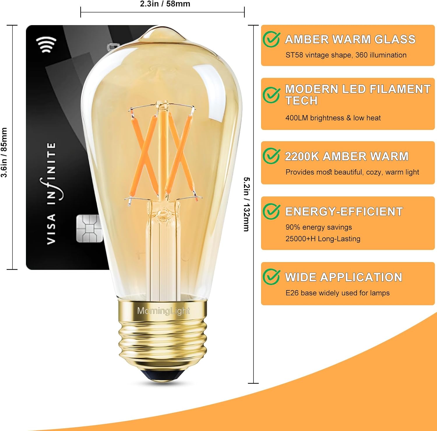 Dimmable ST58 LED Edison Bulbs 40W Equivalent, 2200K Amber Warm Light, E26 Base Vintage Light Bulbs, 4W 400LM Antique Decorative Filament Bulb for Farmhouse Pendant, Porch, Home Decor, 6 Pack
