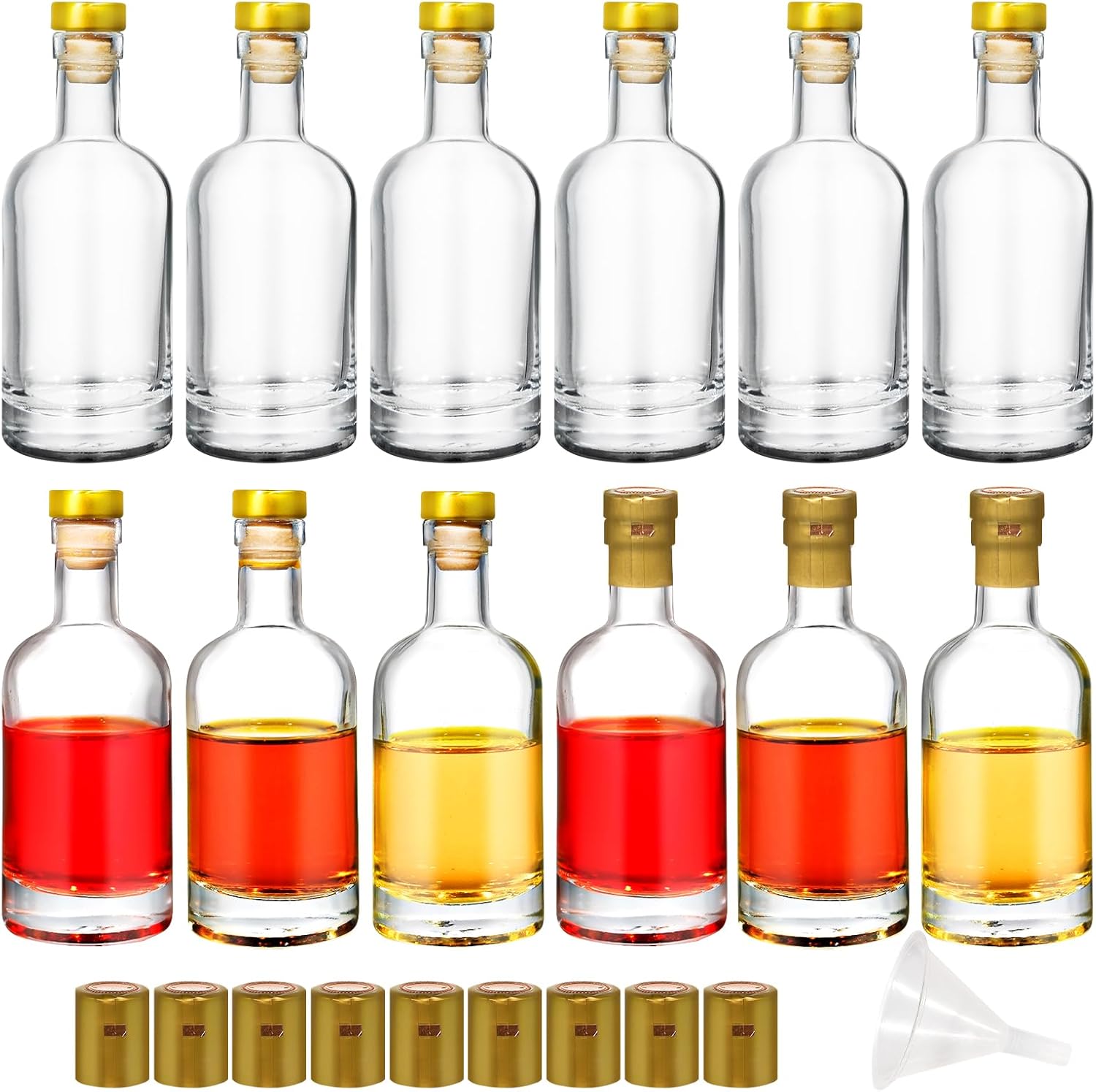 12 Pack 3oz Glass Bottles with Cork Lids, 100ml Clear Liquor Bottles with T-Top Stopper for Whisky, Wine, Beverages, Beer, Drinks, Oil, Juices (Shrink Capsules and Funnel Included)