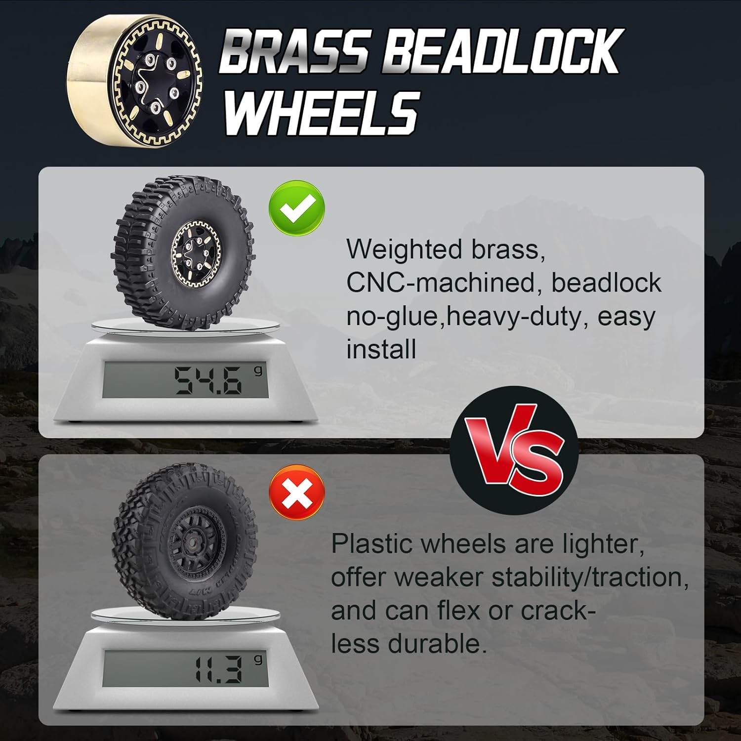 HobbyPark Brass 1.0 Beadlock Wheels and Tires for TRX4M Upgrades Axial SCX24 1/24 RC Crawler Replacement Parts, Set of 4 (Type C)