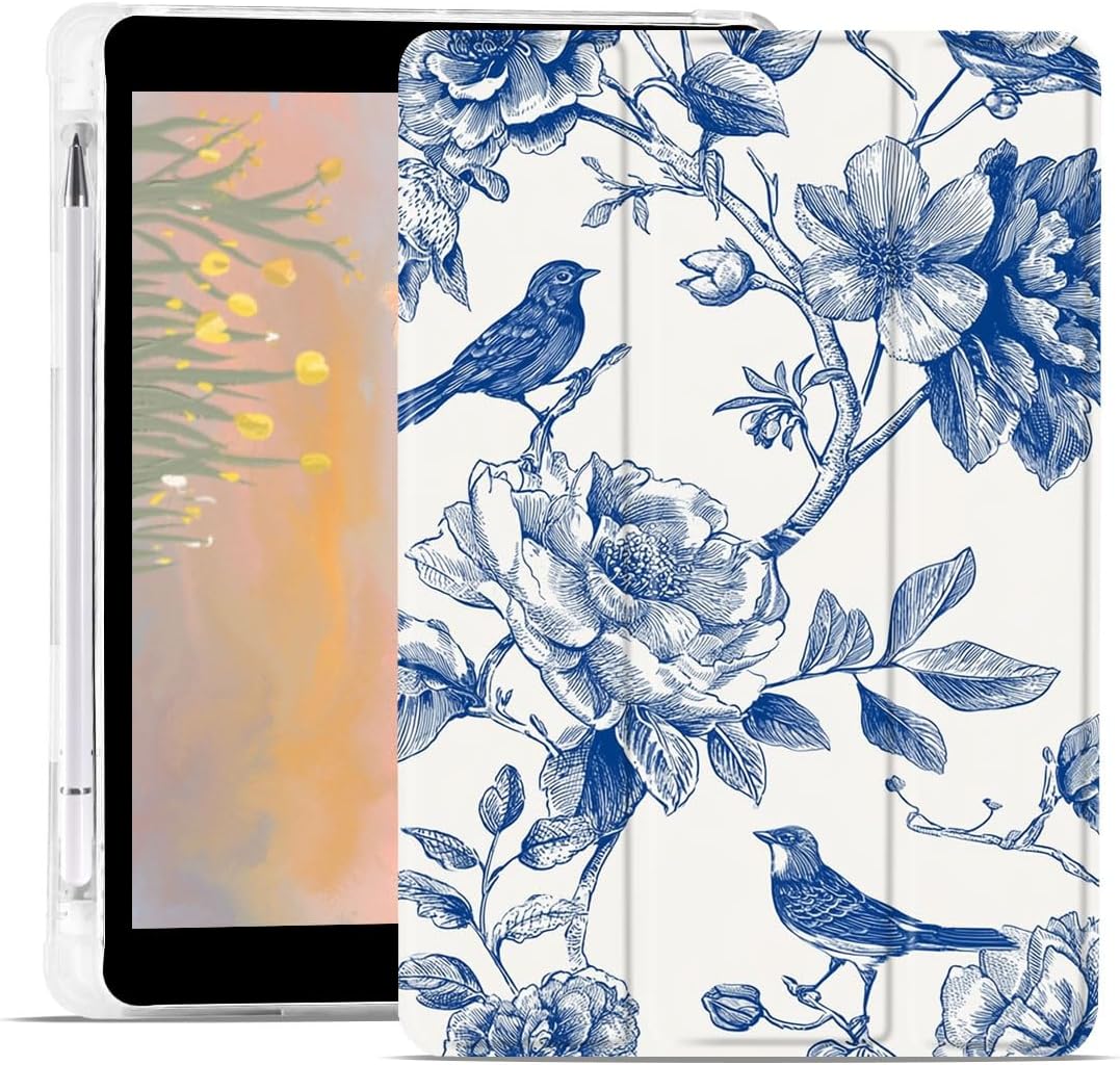 Hummingbird Case for iPad Air 13 Inch M4/M3/M2(2026/2025/2024) Chinoiserie Blue Flower Trifold Stand Leather Case Soft Cover with Pencil Holder Auto Wake/Sleep
