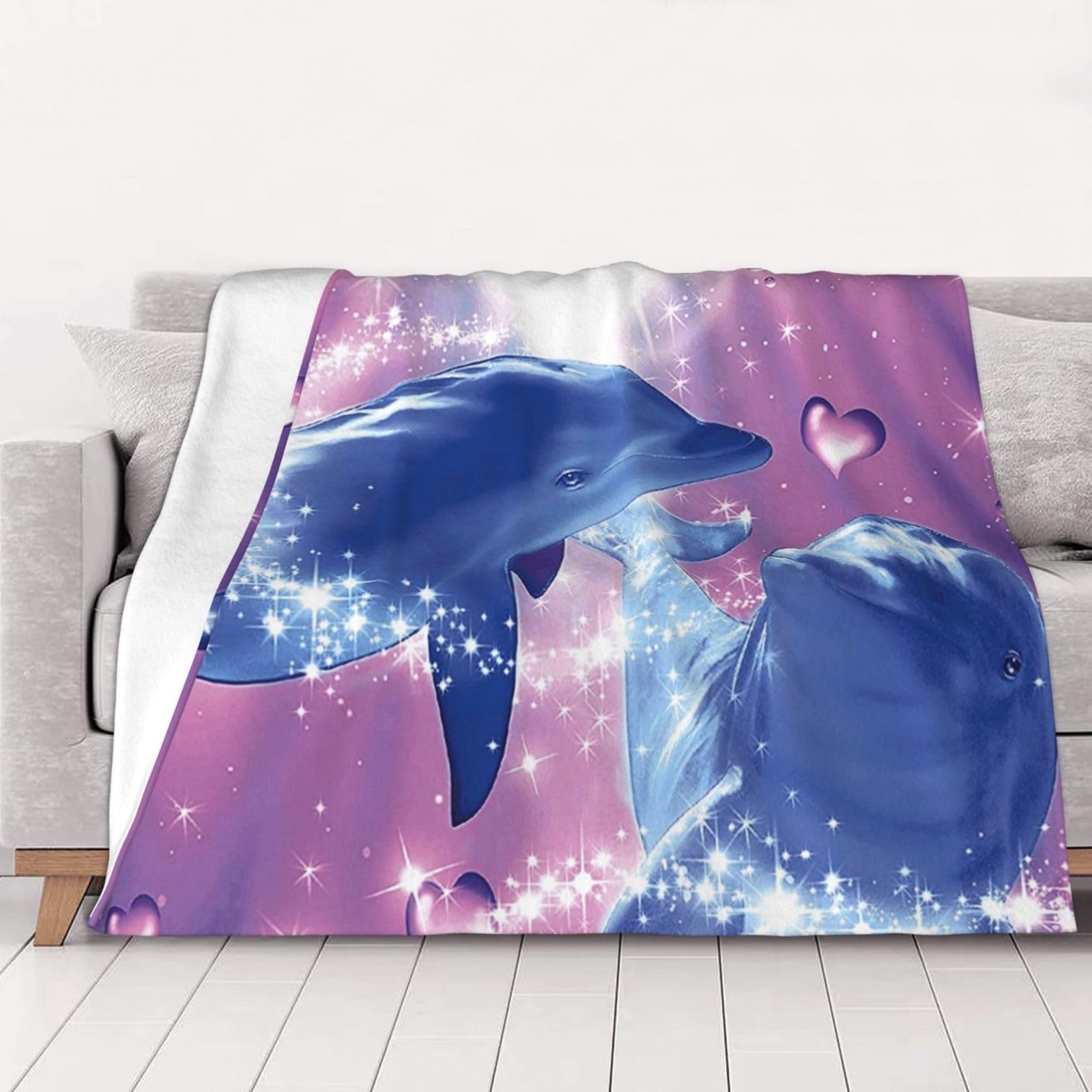 AUBKFELD Dolphins in Love Printed Flannel Blanket 150x125 CM, Soft & Warm Throw Blanket for Sofa/Couch/Bed/Car, Gifts for Audlts Women Men
