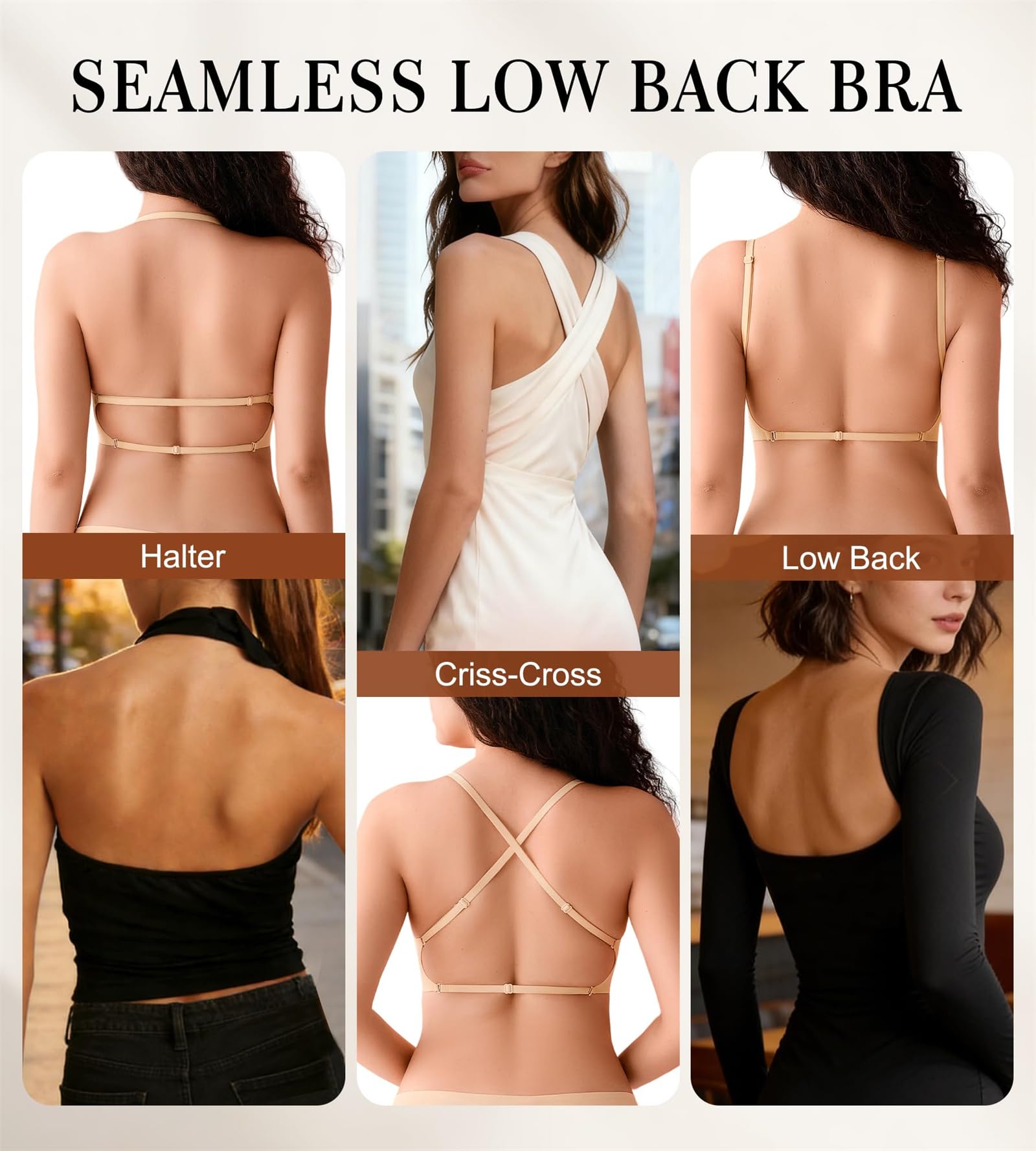 Brasier sin costuras de espalda baja para mujer, sin costuras, escote