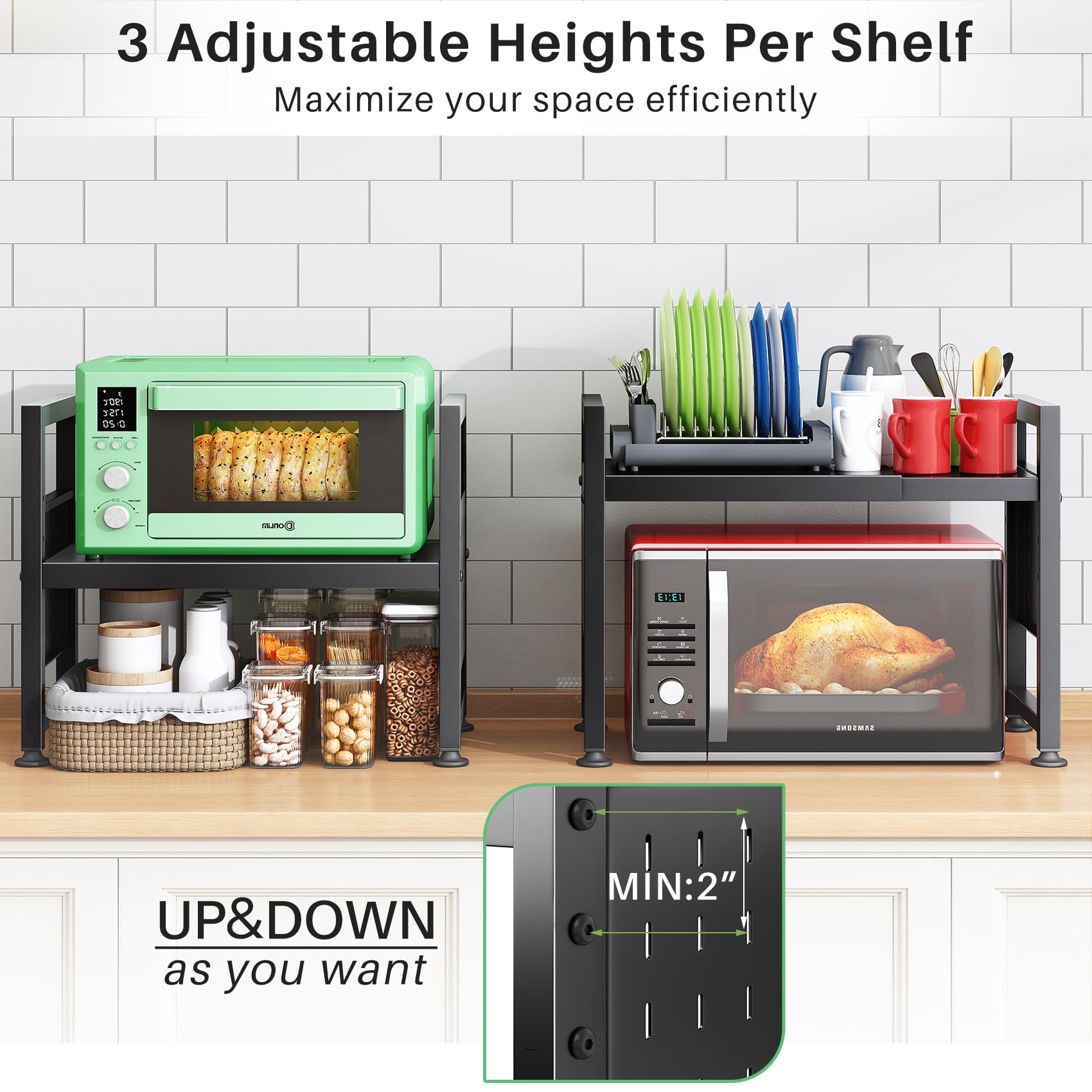 Kitstorack Verstellbares Mikrowellen-Regal, Mikrowellen-Regal, robustes 2-stöckiges Regal mit Schneidebrettern, Ständer für Küchenregale, Theken-Organizer, hält 54,4 kg, 9 Haken