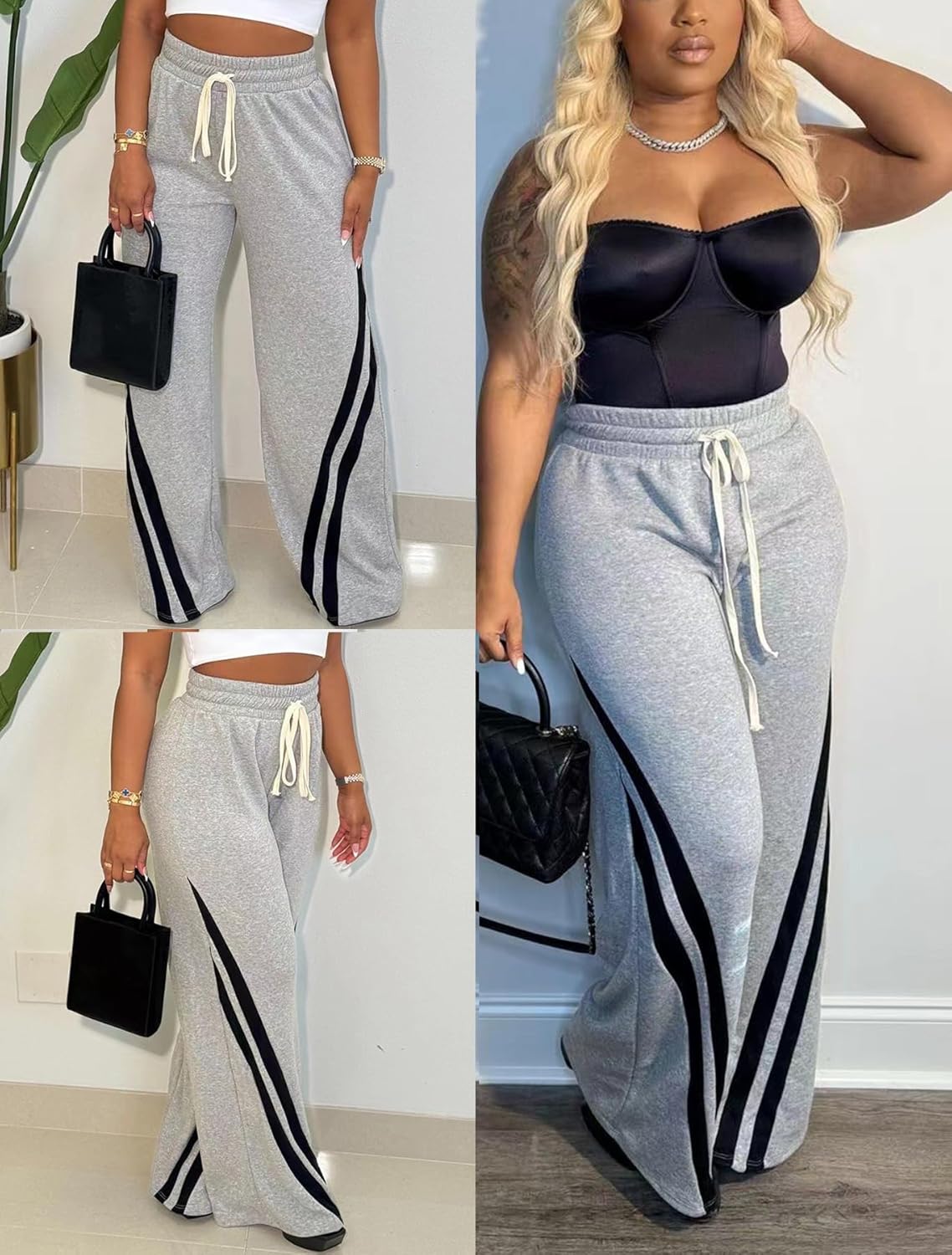 Voghtic Wide Leg Sweatpants Women Striped Drawstring Hight Waisted Loose Casual Pants Lounge Baggy Jogger Track Trousers - Image 4