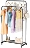 Clothes Rack Garment Clothing Hanger:Coat Rack Metal Double Bar Freestanding for Hanging Clothes Portable With Wheels Rolling Closet for Laundry Bedroom Drying Black