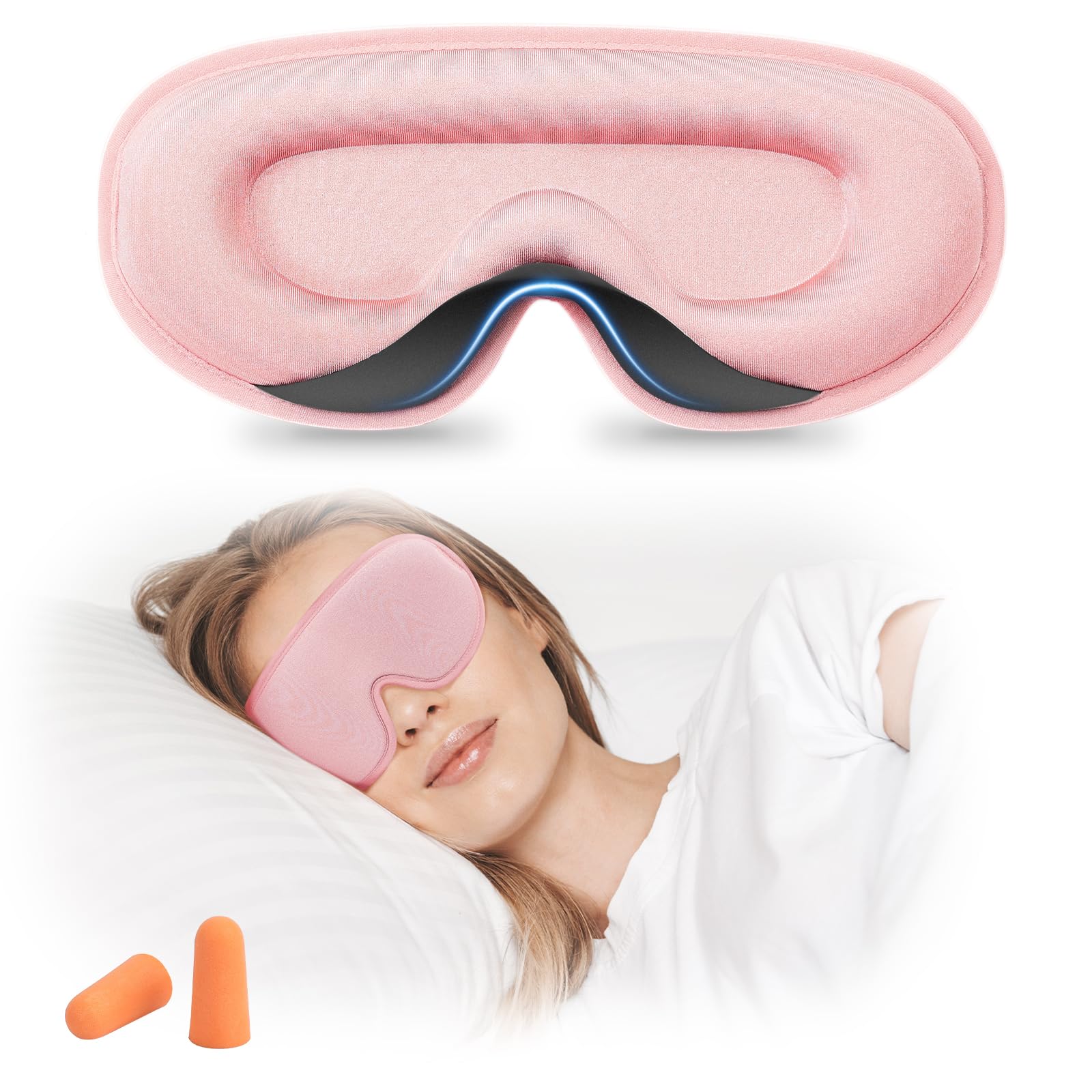 Sleep Mask with Earplugs, 3D Deep Contoured Eye Covers for Sleeping, 99% Block Out Light Eye Mask with Adjustable Strap, Zero Eyes Pressure Cup Blindfold Relaxation Gifts for Sleeping Traveling Pink