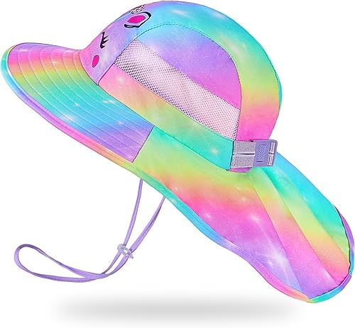 Sombrero de sol para niños, protección UV, unicornio, verano, playa, sombreros de ala ancha para el cuello con solapa para niñas de 2 a 9 años