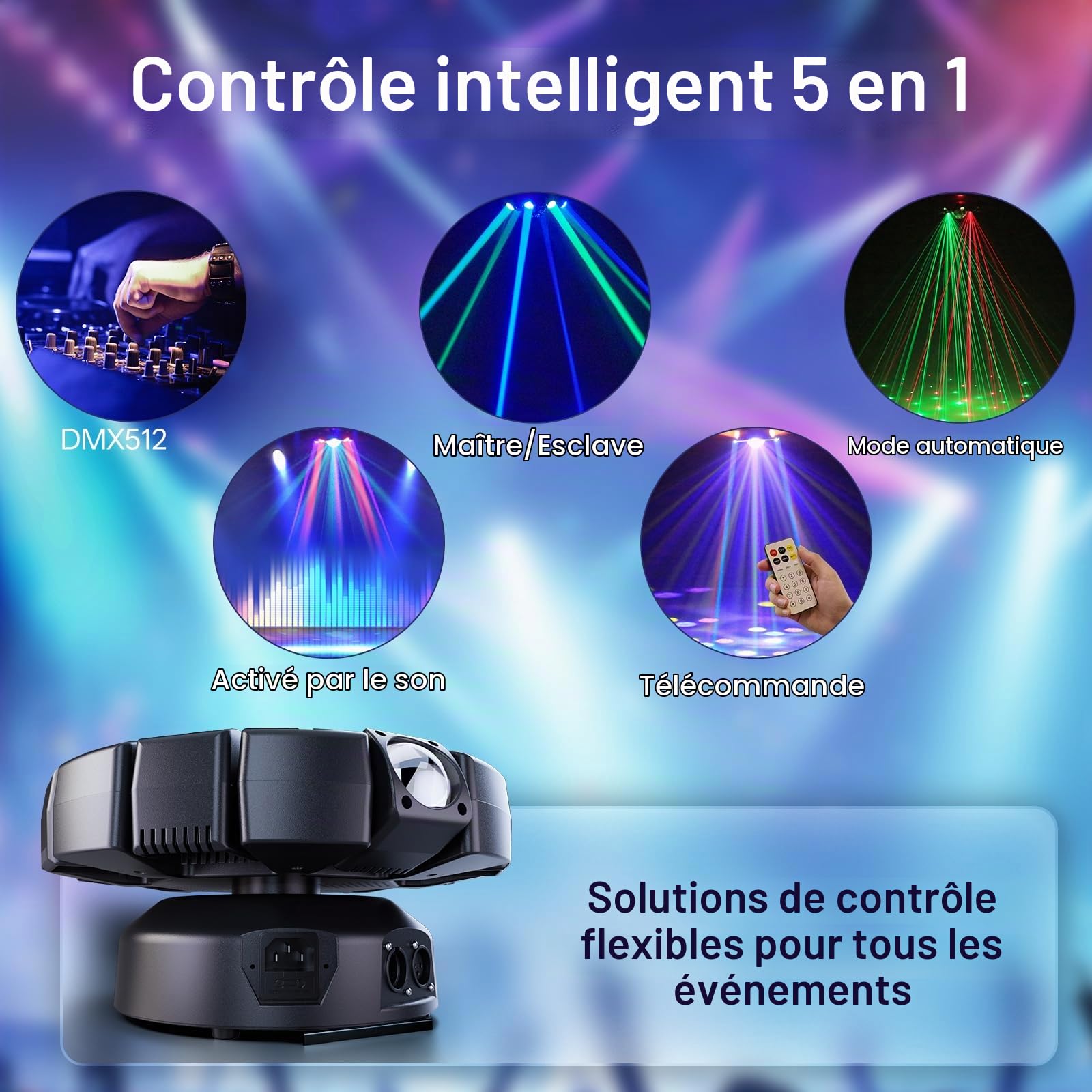 150W Lyre LED Lumière de Scène Mobile avec Télécommande, 8 bras Faiscea RGBW LED Jeux de Lumiere Boule Disco avec Motif Stroboscope DMX512 Contrôle du Son pour Bar DJ Mariages Concerts