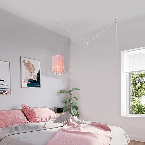 Miniatura 2 de Candelabro pequeño enchufable con 1 luz colgante, lámpara colgante de cristal rosa para dormitorio de niñas