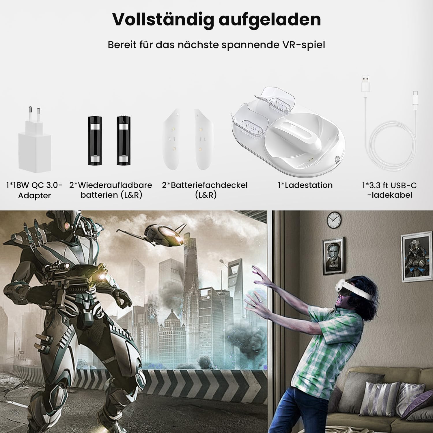 GEEKERA Ladestation Kompatibel mit Meta Quest 3, Magnetisch Ladegerät für Headset & Controller, Schnellladestation mit 18W Adapter