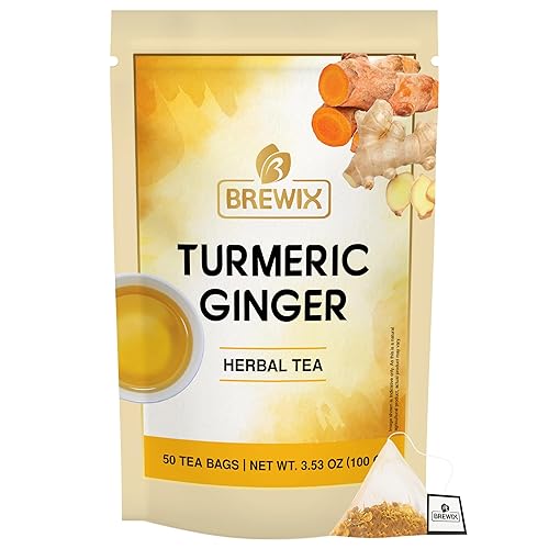 Miniatura 1 de BREWIX, Bolsas de té de hierbas con cúrcuma y jengibre (50 bolsas de té piramidales), ingredientes reales de la India, naturalmente sin cafeína,