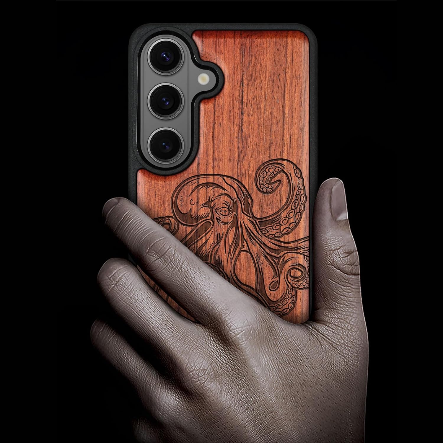 Carveit Magnetic Wooden Case for Samsung Galaxy S26 Case 2026, TPU Shockproof Cover & Wood Artisan Engraved, Compatible with MagSafe Wireless Chargers (Octopus Drawing) Rosy