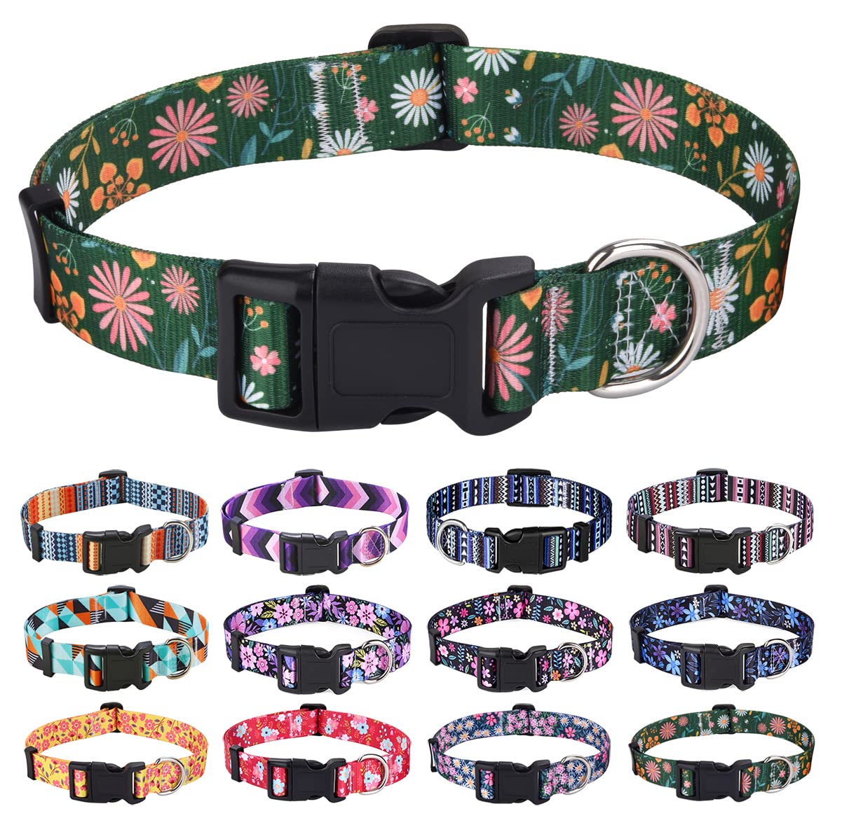 Mihqy Dog Collar with Bohemia Floral Tribal Geometric Patterns - Soft Ethnic Style Collar Adjustable for Small Medium Large Dogs(Dark Green Flower,L)