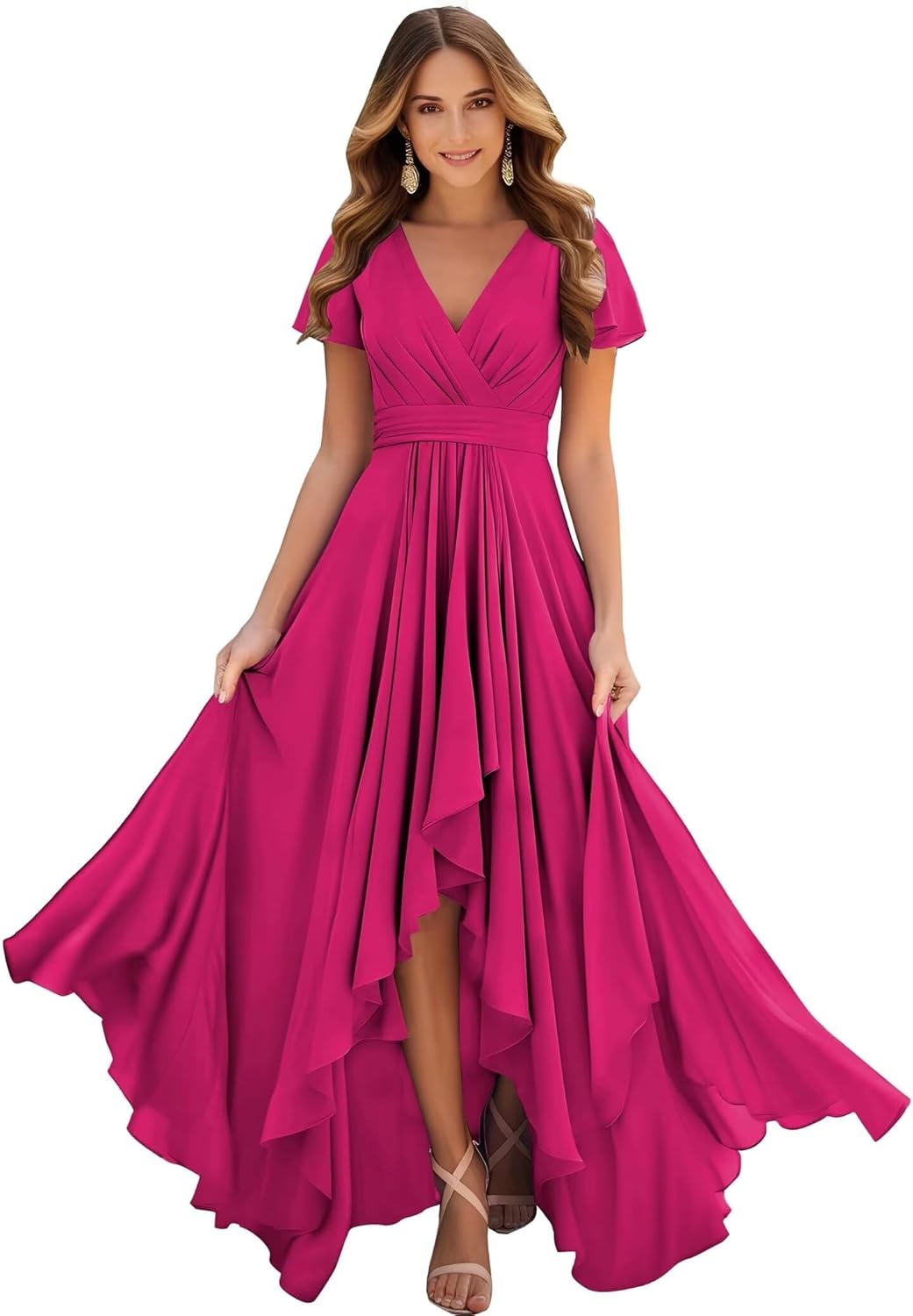 Mother of The Bride Dresses for Women V Neck High Low Chiffon Bridesmaid Dress Flutter Sleeves Formal Gown