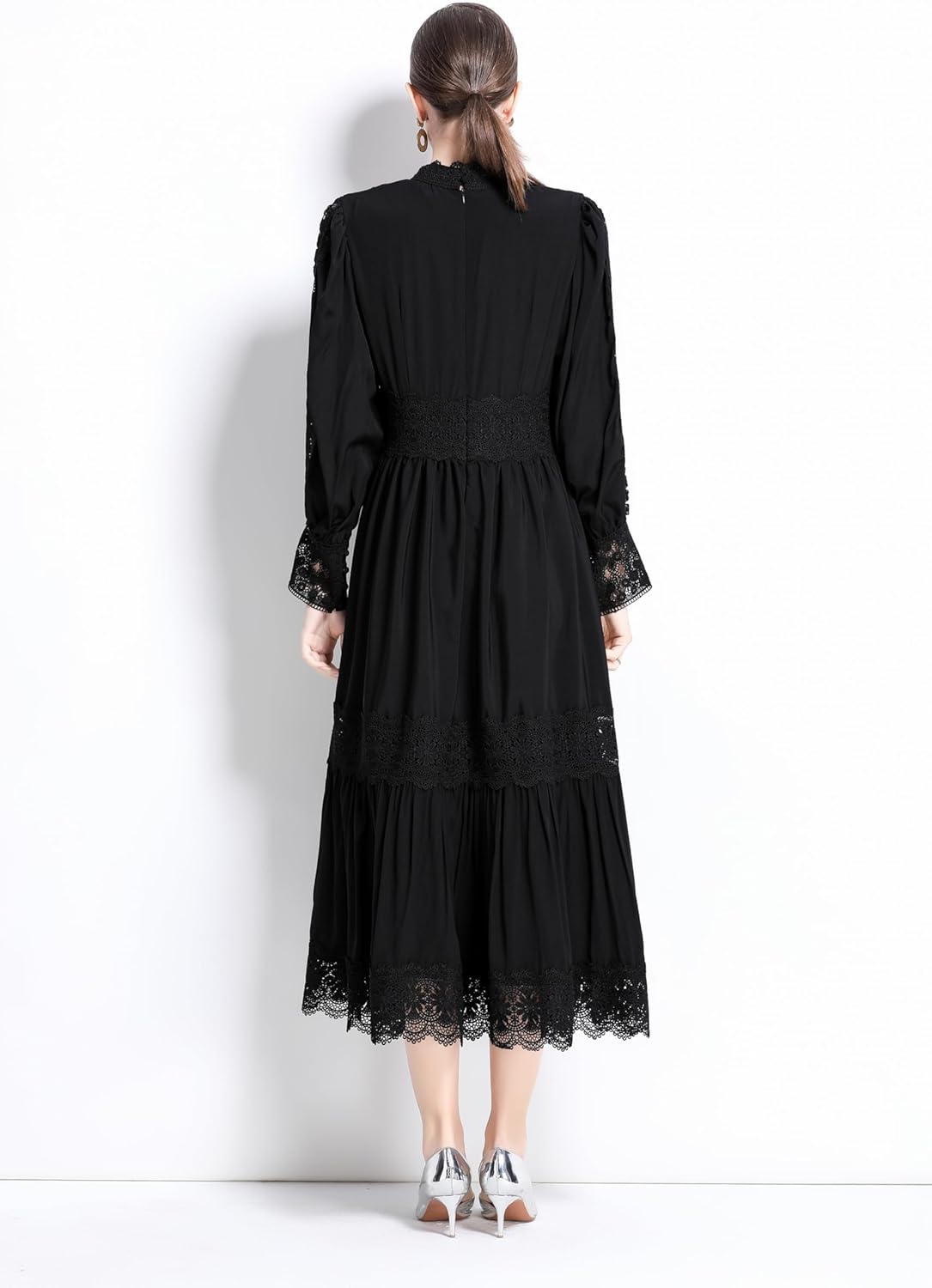 LAI MENG FIVE CATS Women's Vintage Mock Neck Lantern Sleeve High Waist Lace Trim Hollow Out Tiered Maxi Dress - Image 7