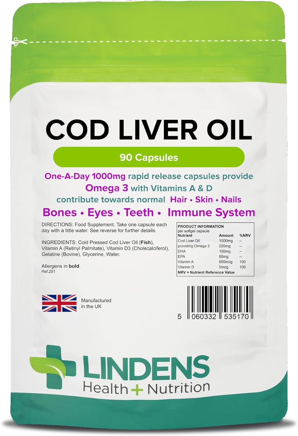 Lindens – Cod Liver Oil 1000mg – 90 Capsules – UK Made – Omega 3 with Vitamins A & D – for Normal Skin, Hair, Nails, Bones & Vision, Brain & Immune Function – Letterbox Friendly