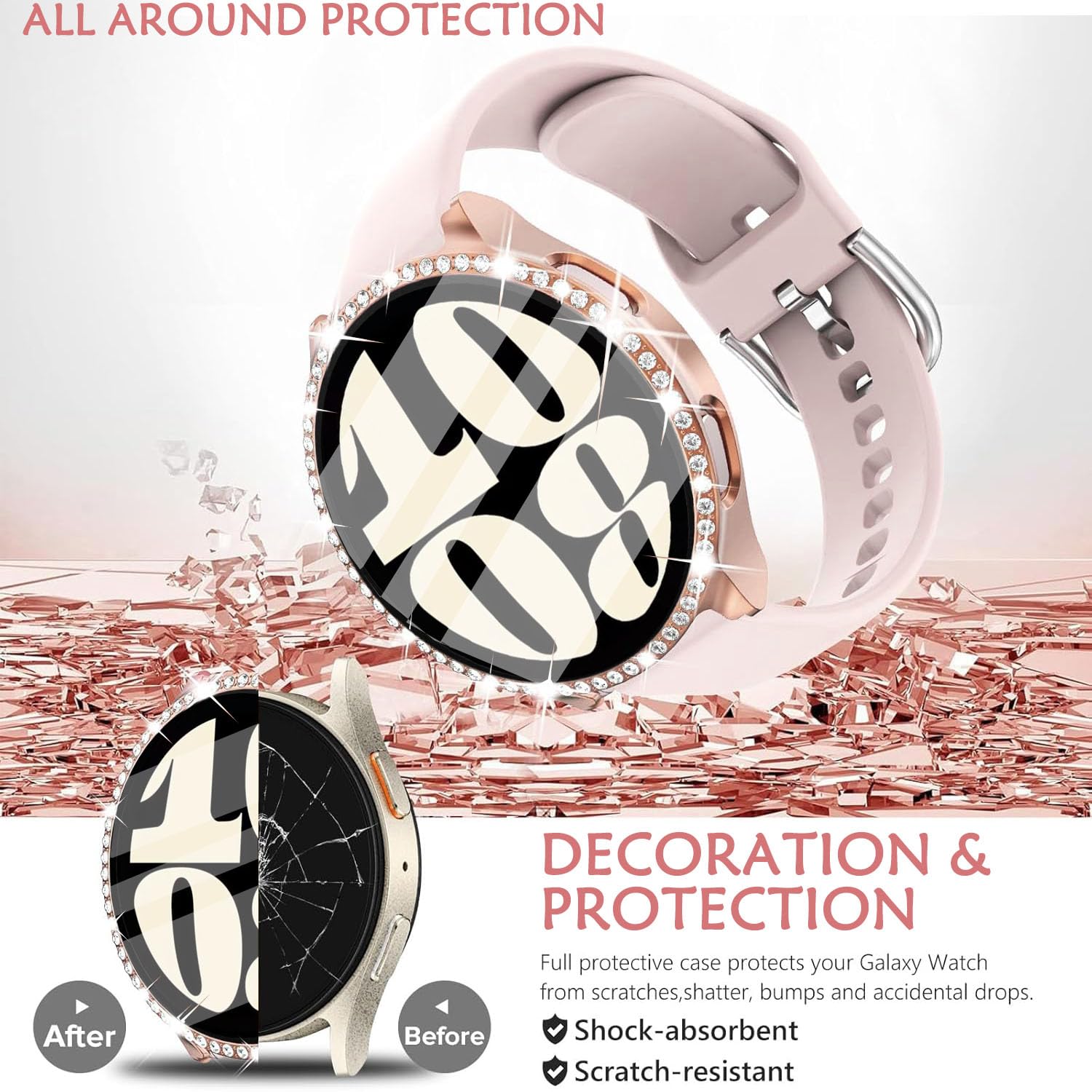 DEALELE [2-PACK] Case Compatible with Samsung Galaxy Watch 5/4 44mm, Bling Single-Row Diamond PC Protective Case Replacement Watch Cover Bumper (44mm, Gold+Transparent) — view 245