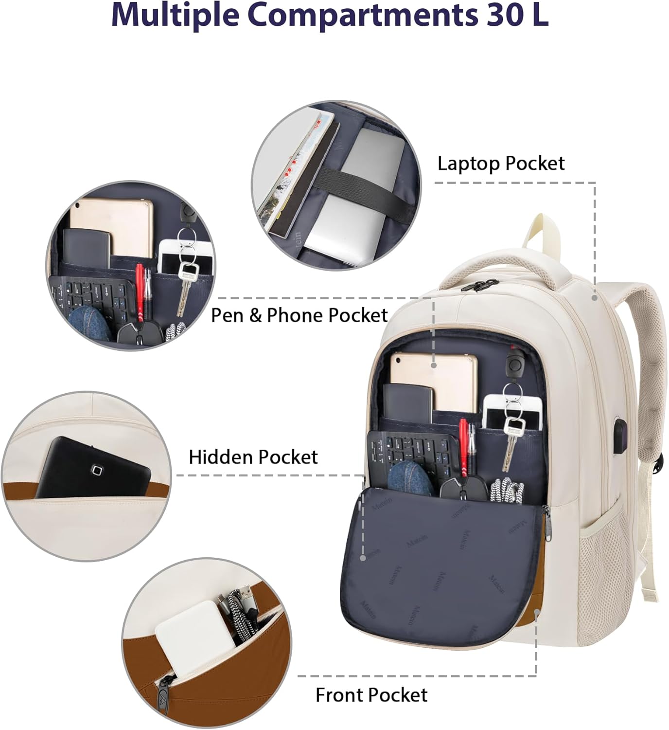 MATEIN 17.3 Inch Womens Laptop Backpack, Water Resistant Work Business Backpack with Multiple Pockets Fits 17 Inch Computer Notebook, Spacious Commute Bag TSA Approved and Comfortable, Beige Brown - Image 6