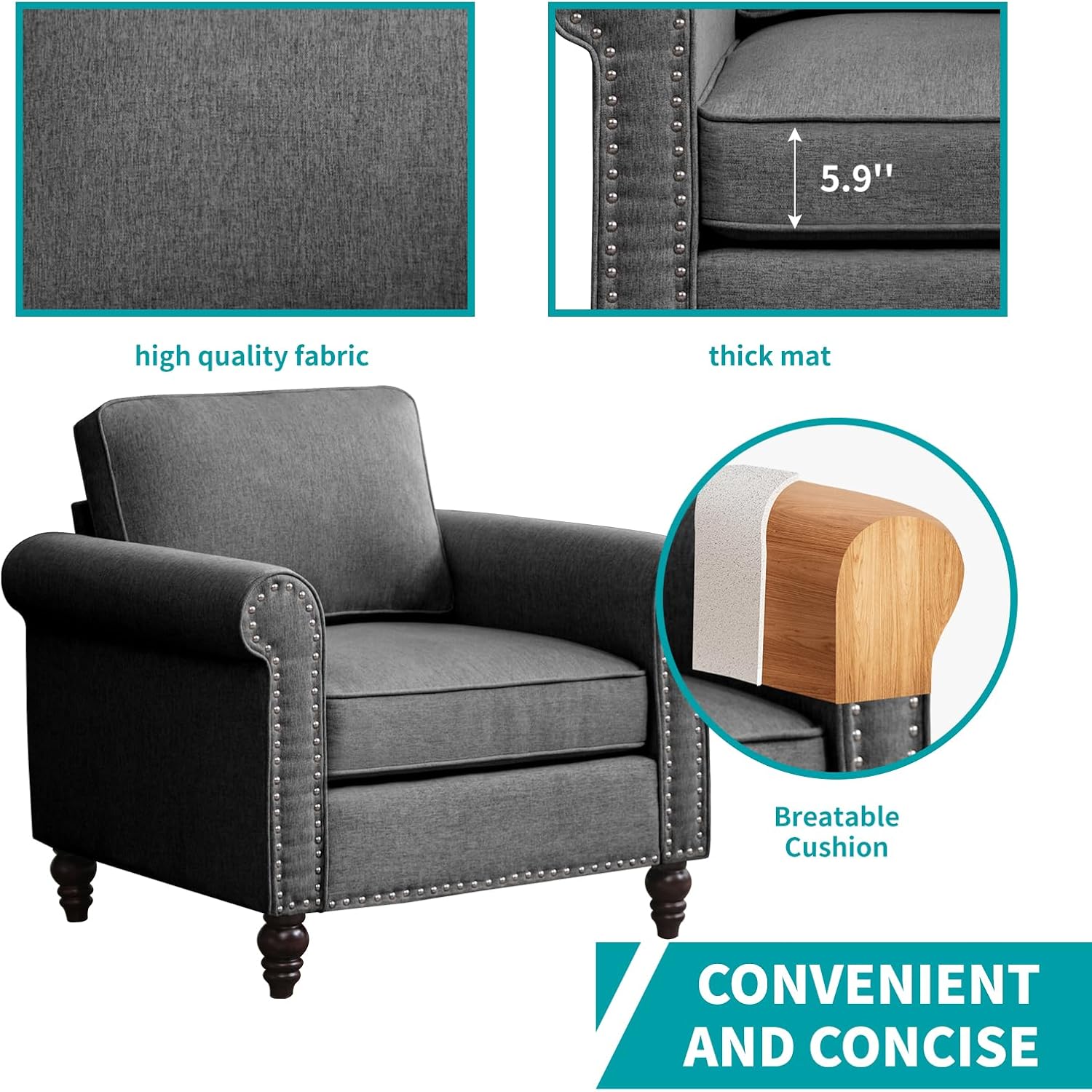 BALUS 2 Piece Sectional Couches for Living Room, Sofa and Loveseat Set with Nailhead Trim Design & Wood Frame, Linen Fabric Sofa Set with Gourd Wood Leg, Modern Couches for Living Room/Home-Dark Grey