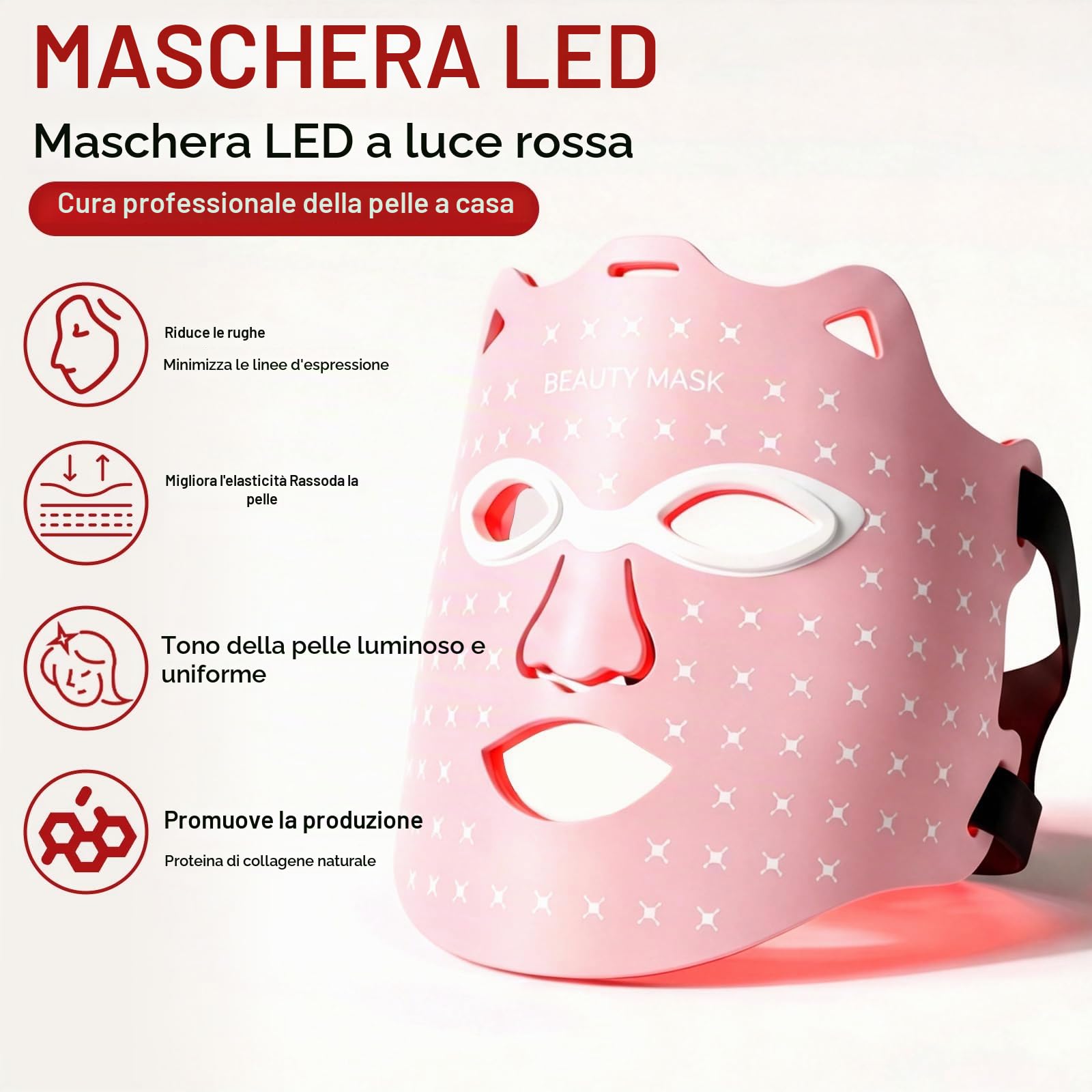 Maschera LED Viso, Maschera Viso LED Silicone Flessibile, Maschera led 7 colori, Dispositivo Anti-Invecchiamento e per le Rughe, Adatta a Tutti i Tipi di Pelle, Ideale per Casa e Viaggio