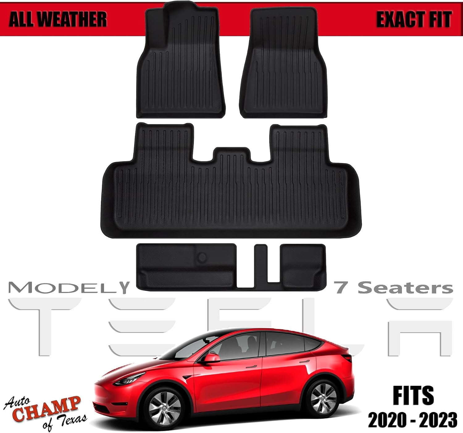 Compatible with All-Weather Floor Mats for Tesla Model Y 7-Seater (2020-2026) – Waterproof, Anti-Slip Liners for 1st, 2nd, & 3rd Row