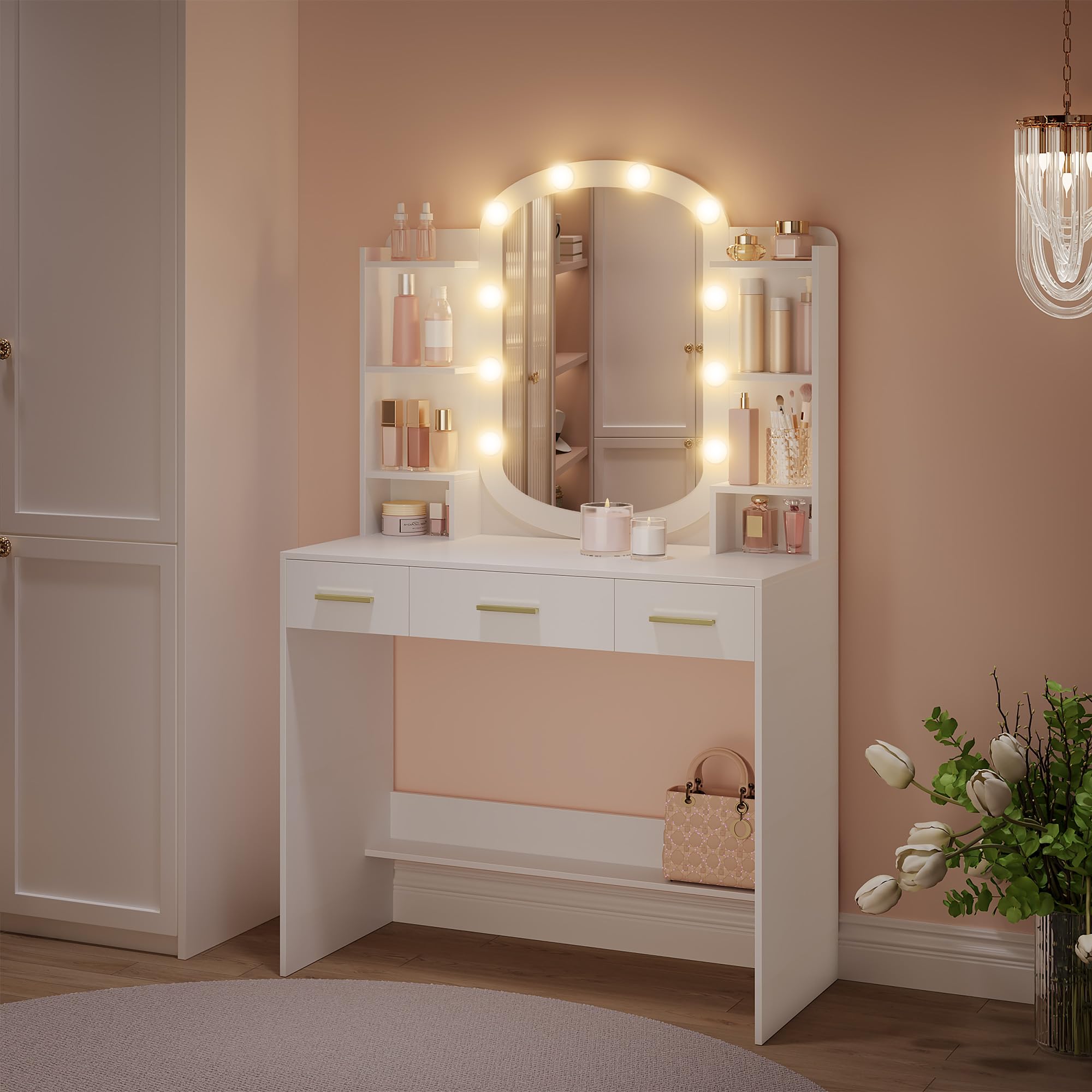 HEXCELEN 90 cm Coiffeuse avec Miroir Ovale, Coiffeuse avec Miroir LED à Luminosité Réglable, Table de Maquillage, 3 Tiroirs avec 6 Étagères Ouverts, Blanc