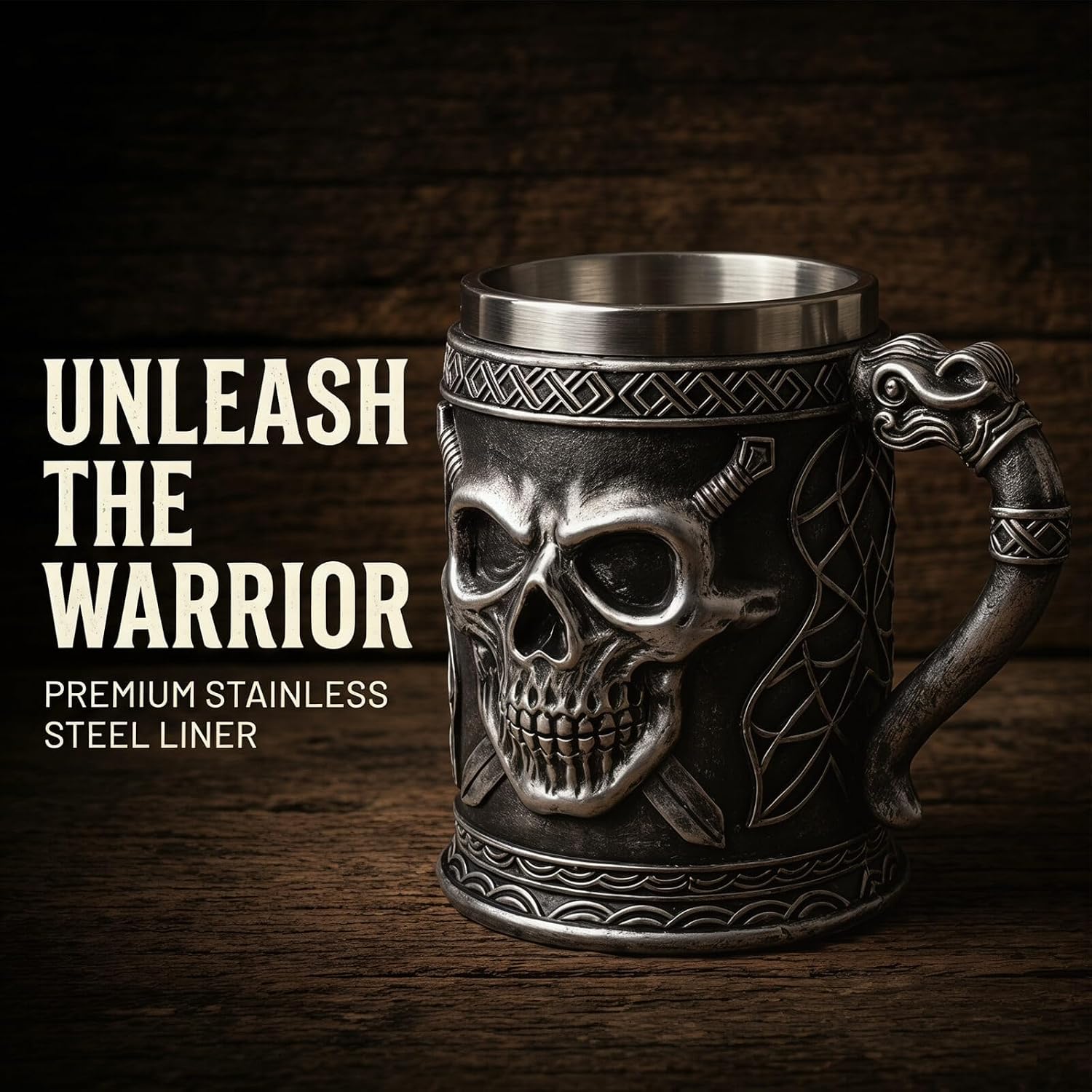 Viking Skull Tankard, 14oz Stainless Steel Beer Stein