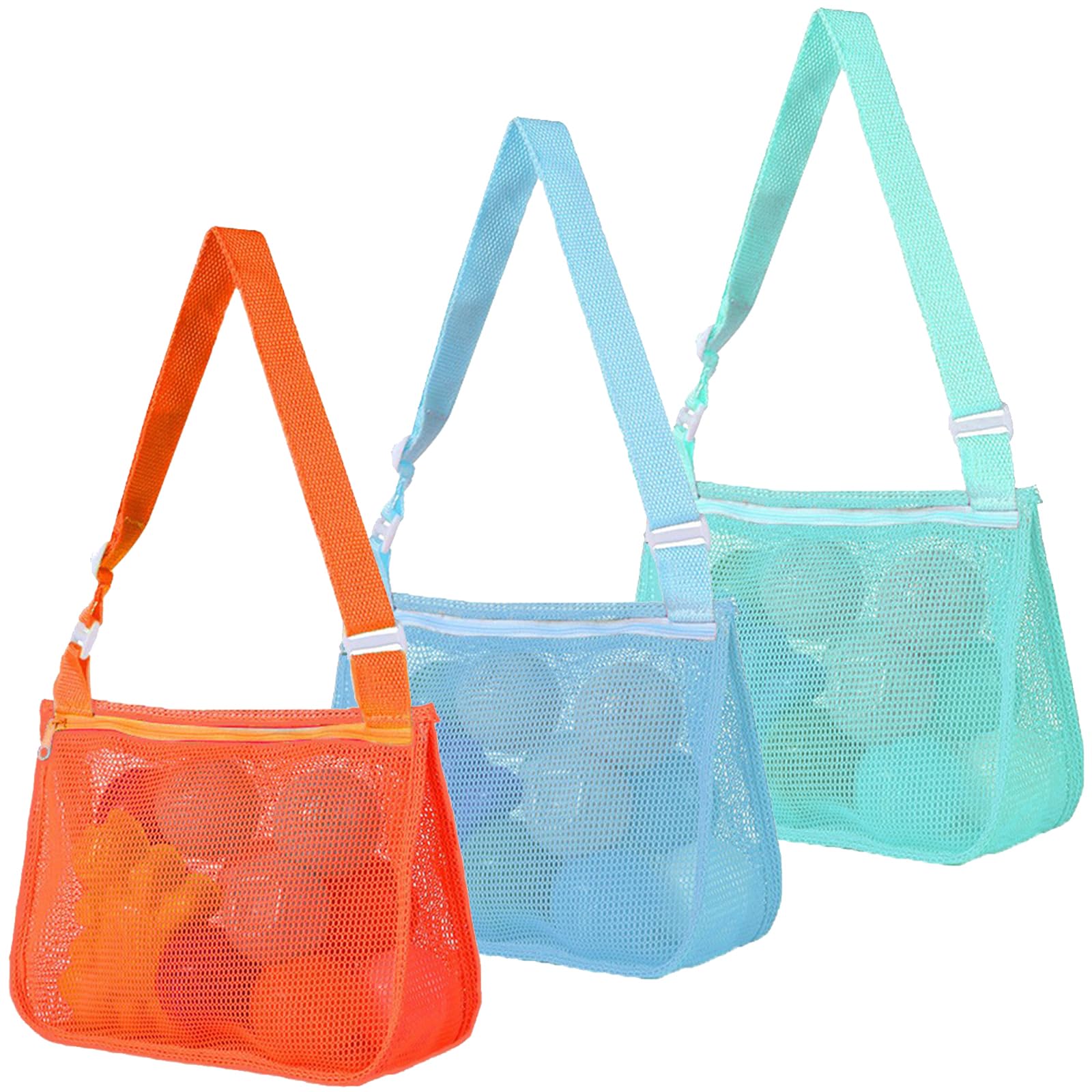 FCLEIH Mesh Beach Bag Kids Shell Collecting Bag Beach Toy Totes for Holding Beach Toys Children' Toys Market Grocery Picnic Tote (Orange, Blue, Green)