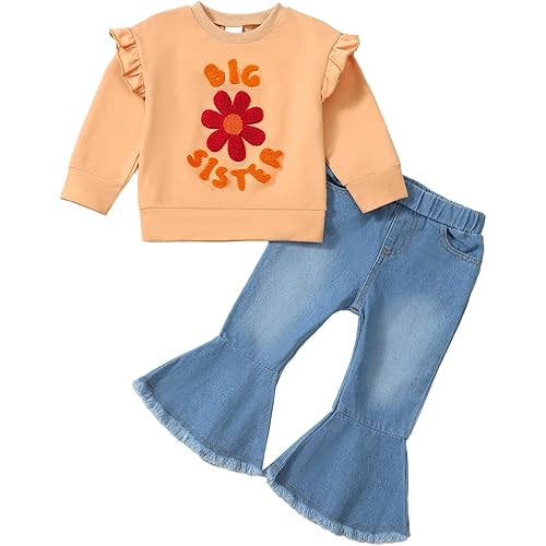 NZRVAWS Toddler Baby Girl Clothes Infant Print Colorful Ruffle Outfits Fall winter Top Ripped Jeans Pant Set Clothing 6M-5T