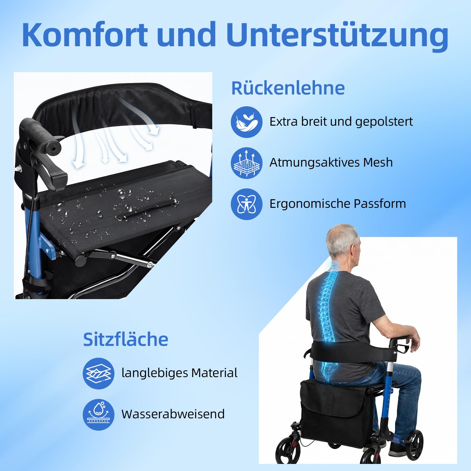 Leichtgewicht Rollator Faltbar und Leicht mit Sitz, 6-fach Höhenverstellbar Geeignet für 160 185 cm, Aluminium Gehhilfe mit Feststellfunktion Stockhalter und Abnehmbare 8L Einkaufstasche